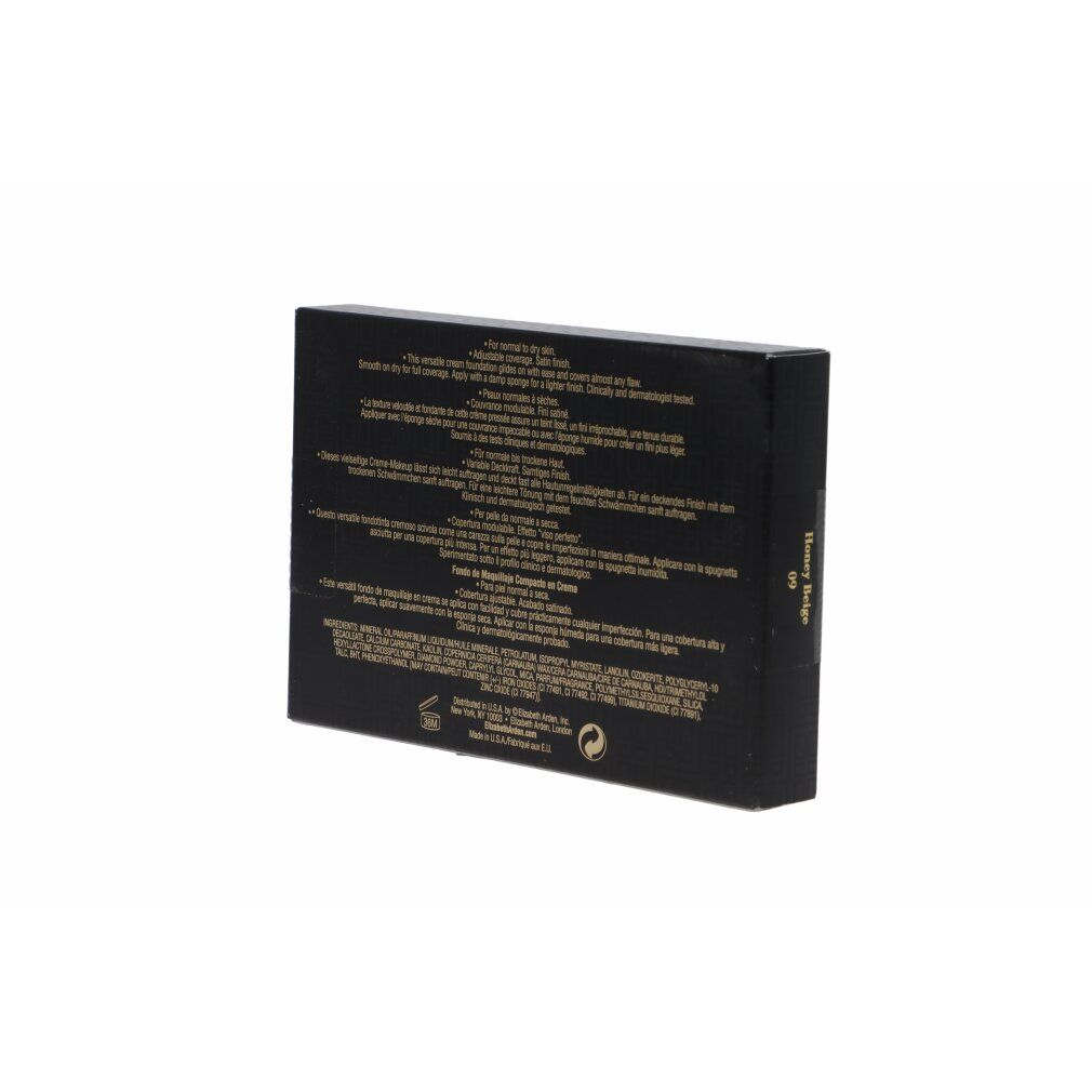 Schwarze Make-up-Verpackung mit Text auf der Rückseite. Produktname und Logo nicht sichtbar. Informationen in mehreren Sprachen.