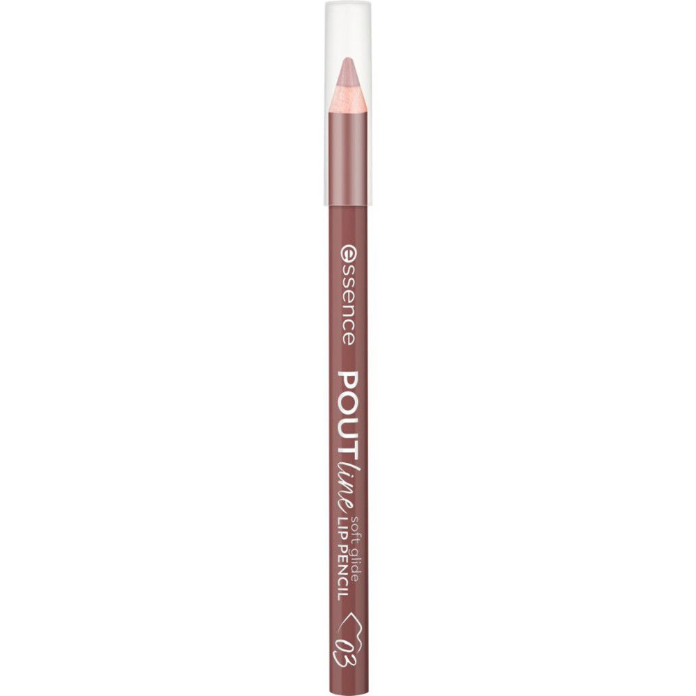 Lippenkonturenstift, braun, mit transparenter Kappe. Aufschrift: Essence, Poutline Soft Glide Lip Pencil, 03.
