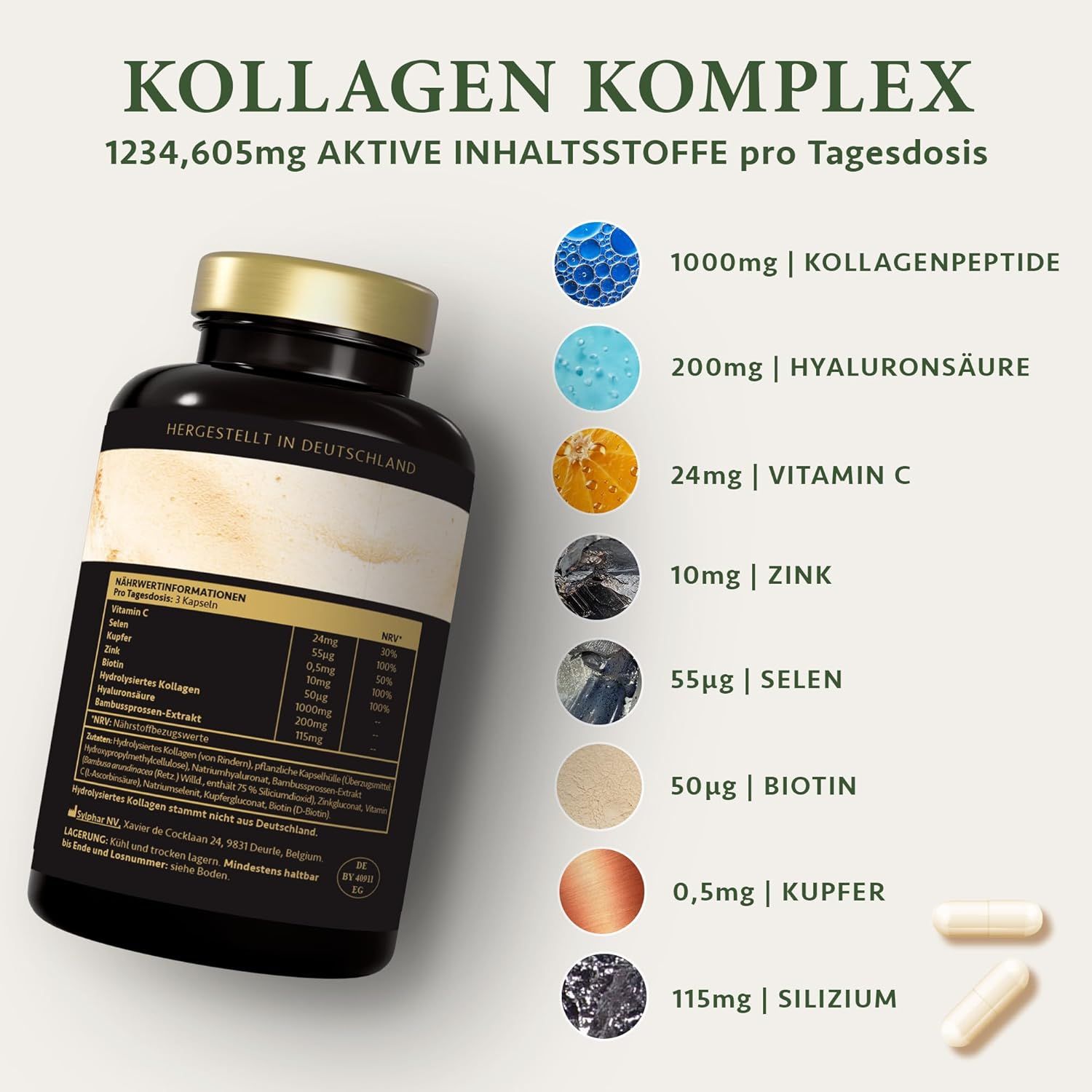 Braune Flasche mit Kapseln. Text: KOLLAGEN KOMPLEX, 1234,605mg AKTIVE INHALTSSTOFFE. Inhaltsstoffe.