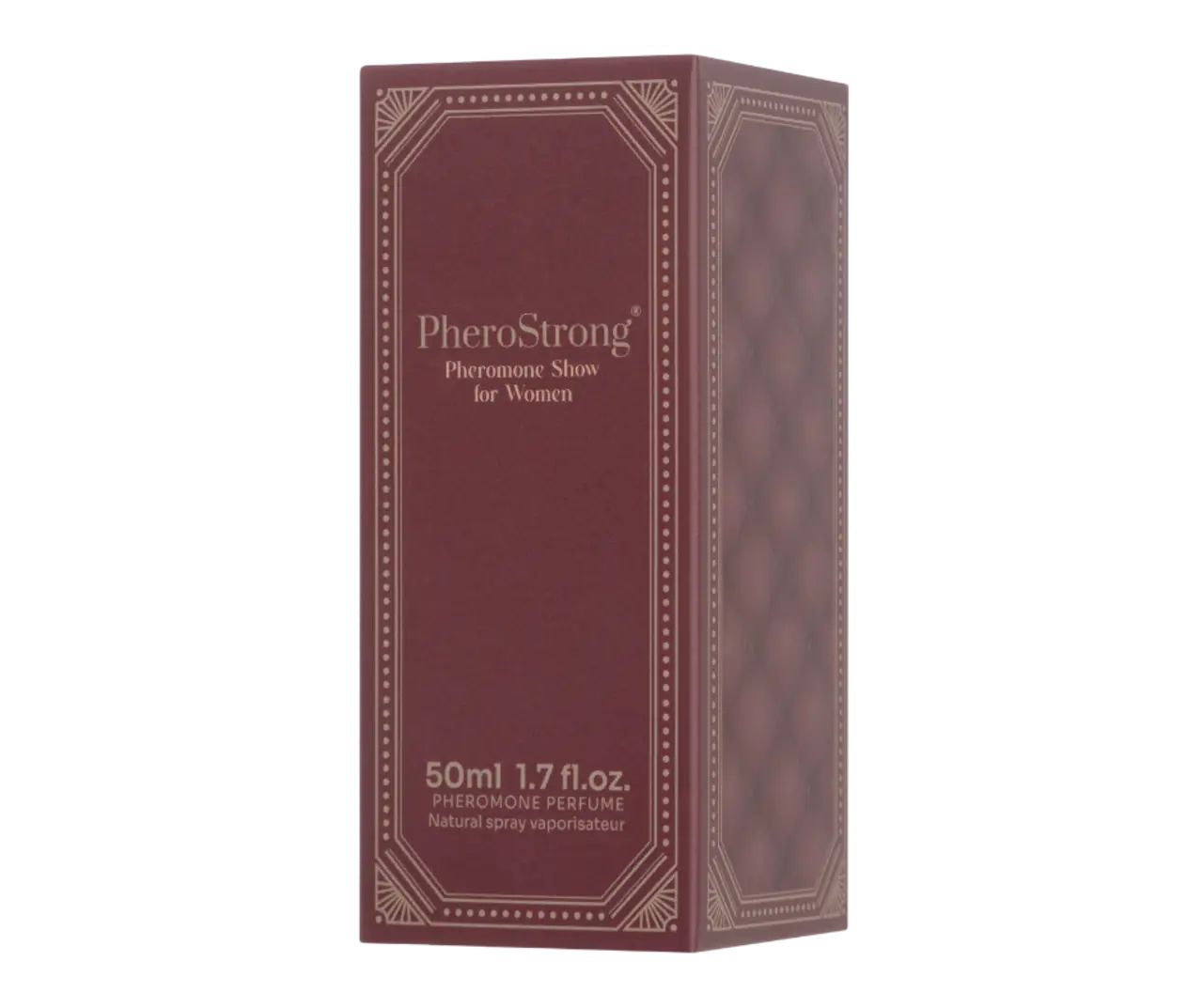 PheroStrong Pheromone Show für Frauen, in einer rechteckigen Verpackung. Bordeauxfarben mit goldfarbenen Verzierungen.