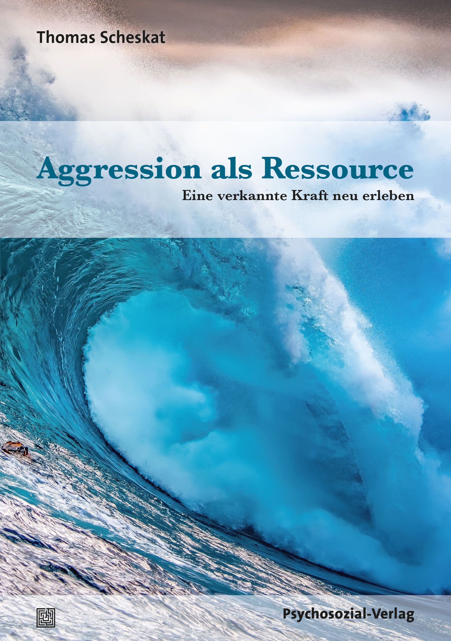 Buchcover mit Titel "Aggression als Ressource". Autor: Thomas Scheskat. Verlag: Psychosozial-Verlag. Hintergrund: Welle.