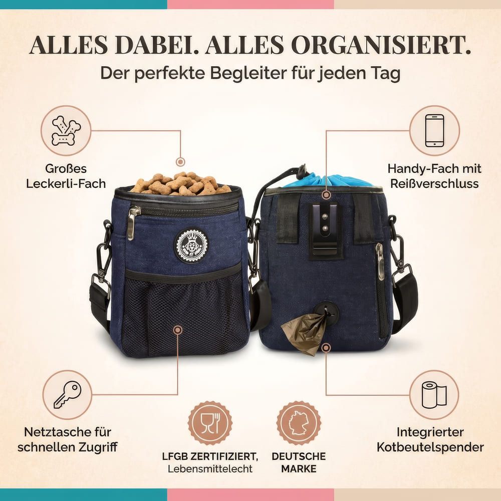 Zwei blaue Futterbeutel mit Funktionen: Leckerli-Fach, Handy-Fach, Netztasche, Kotbeutelspender. LFGB-zertifiziert.