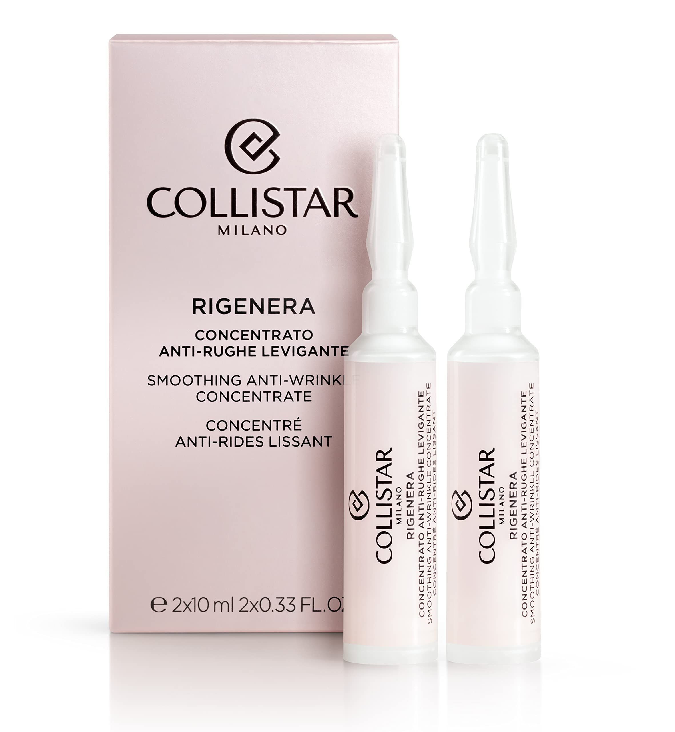 Zwei Ampullen und eine Verpackung. Aufschrift: Collistar Milano Rigenera Concentrato Antirughe Levigante.