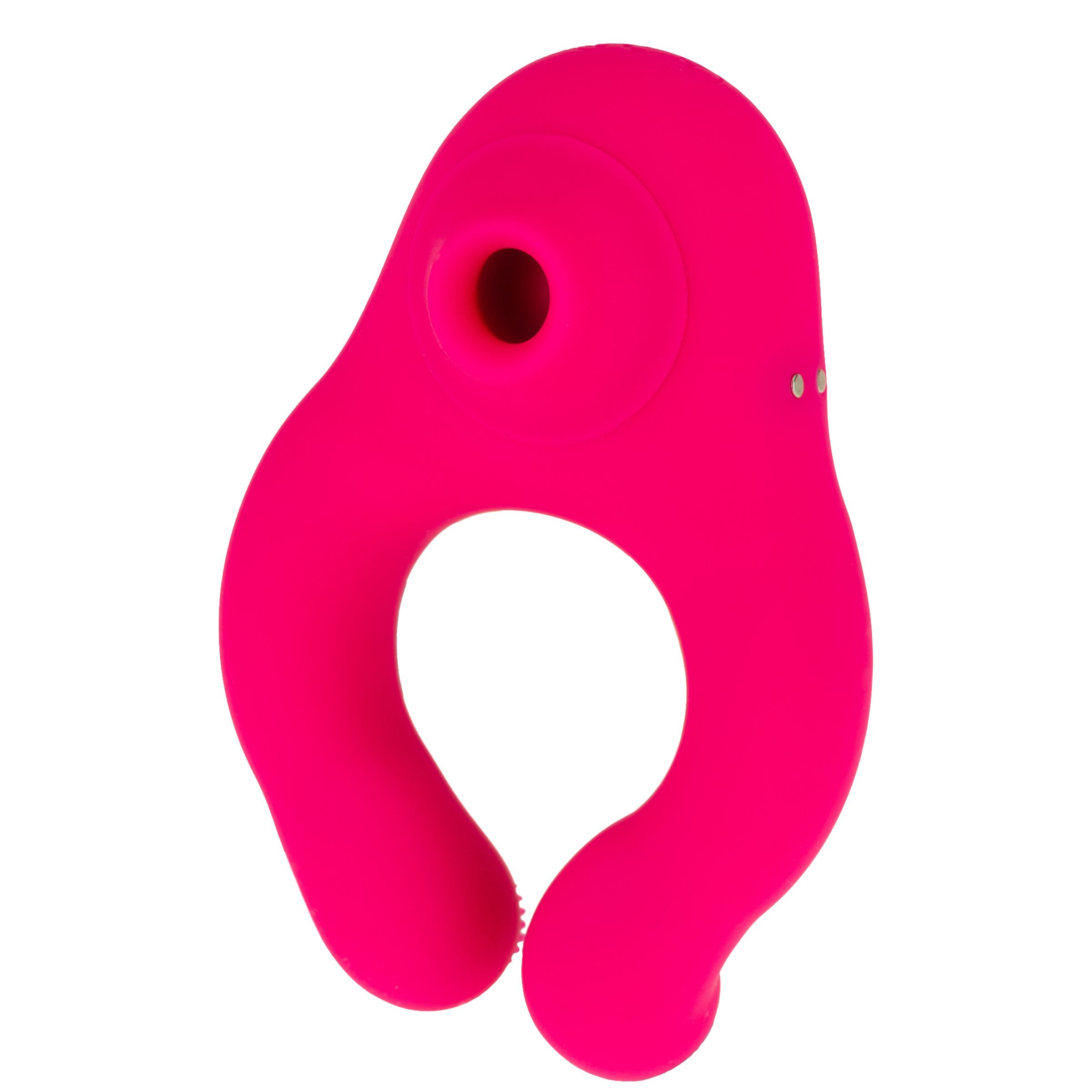 Rosa Produkt mit kreisförmiger Öffnung und zwei gebogenen Enden. Zwei kleine Knöpfe.