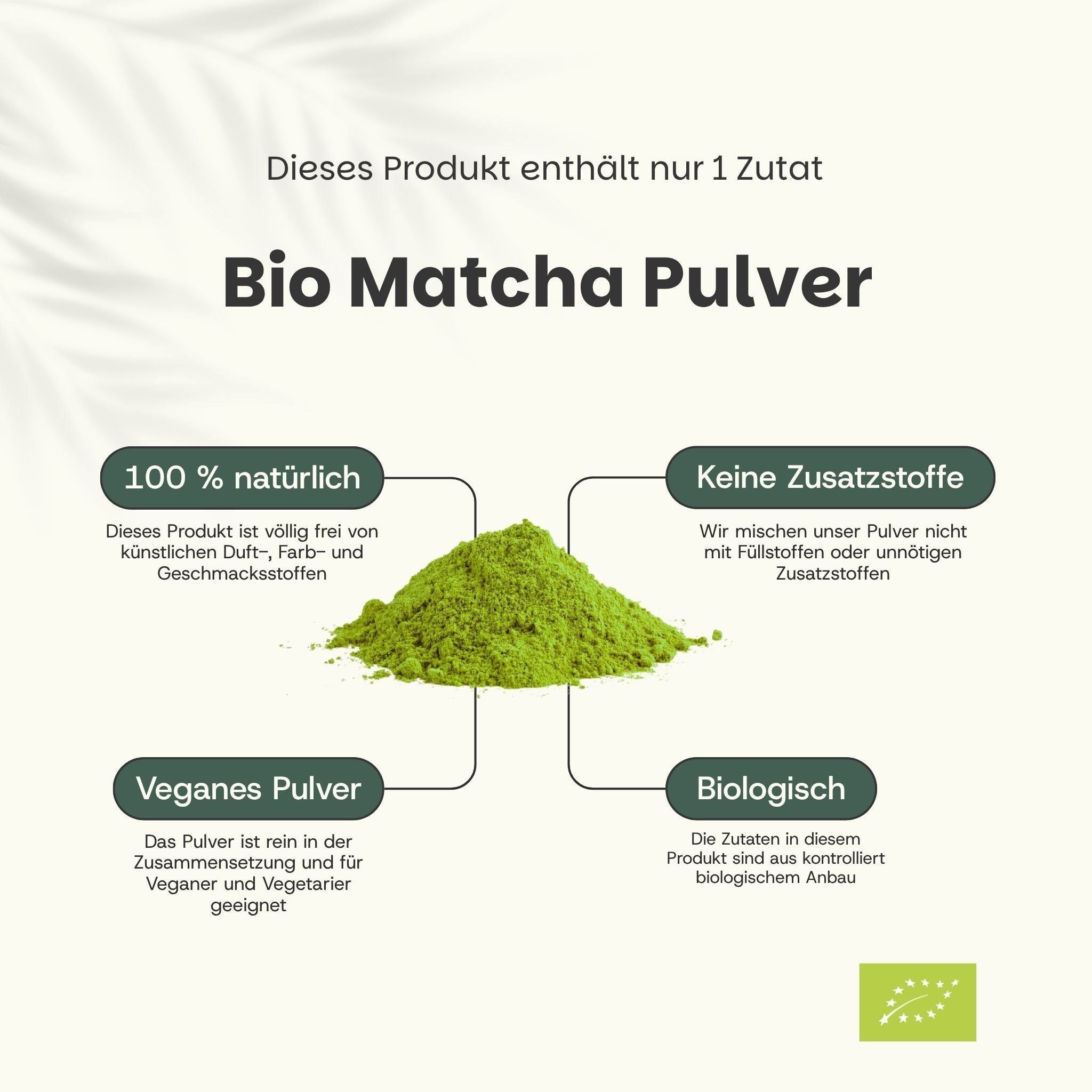 Schema von Bio Matcha Pulver. Text: Nur 1 Zutat. 100% natürlich, keine Zusatzstoffe, veganes Pulver, biologisch.