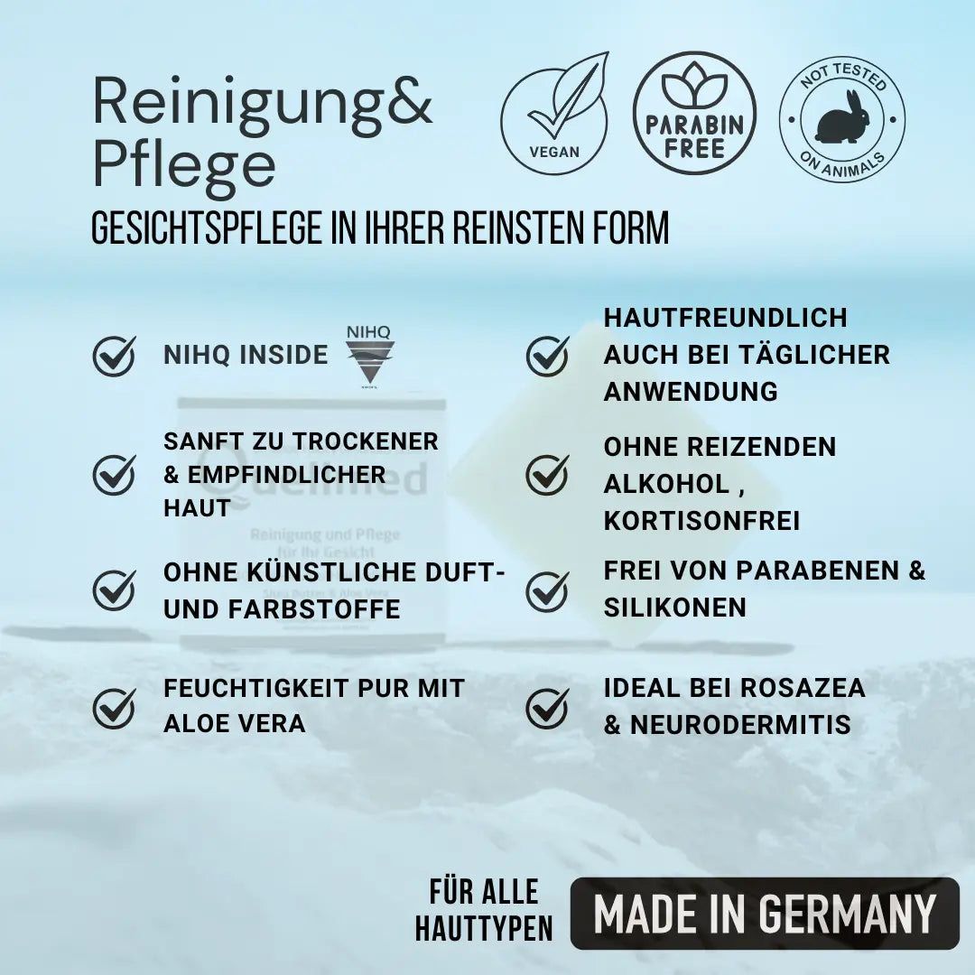 Text mit Produktinformationen: vegan, parabenfrei, nicht an Tieren getestet. Geeignet für empfindliche Haut.