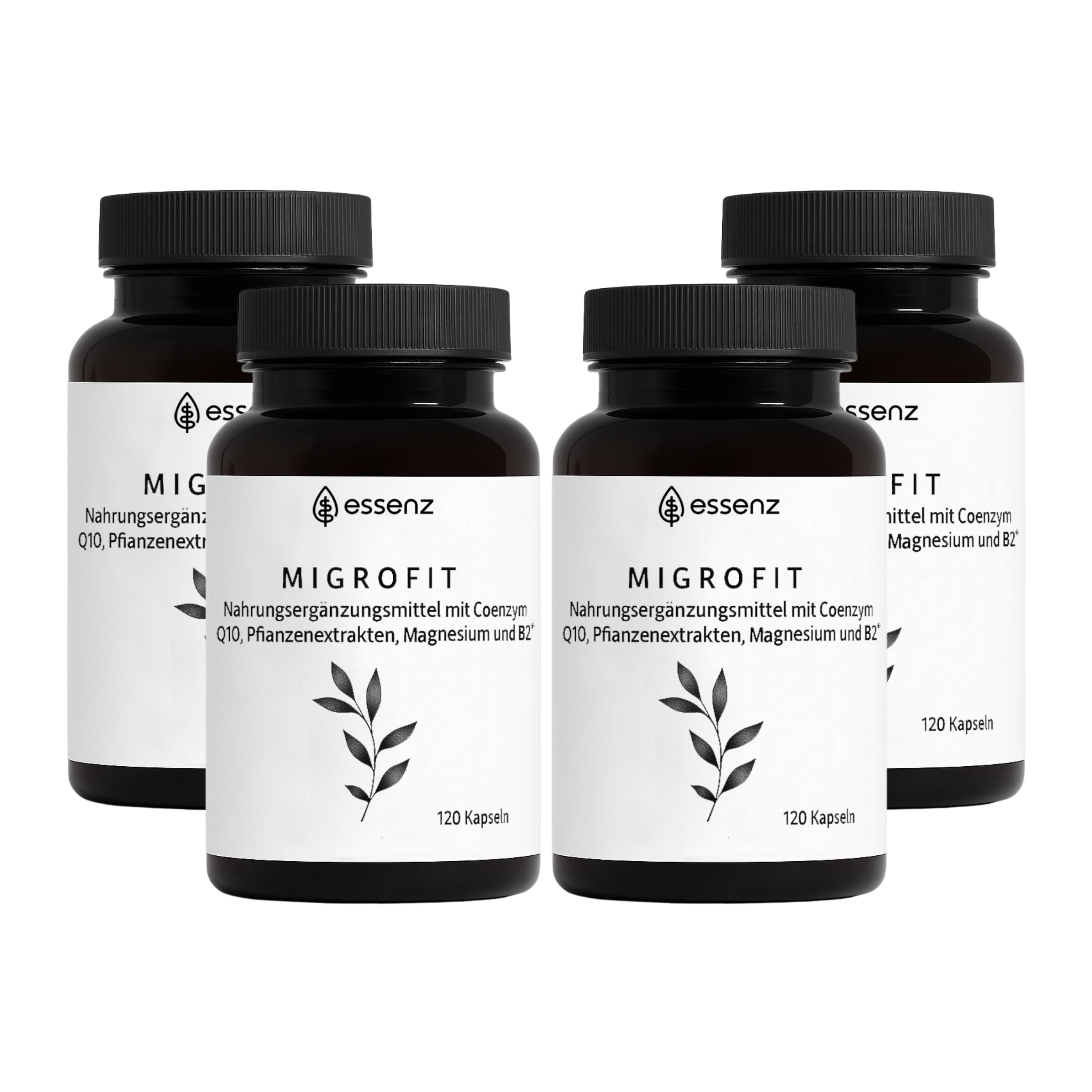 Vier Flaschen MigroFit Kapseln mit Magnesium, Vitamin B2 und Q10.