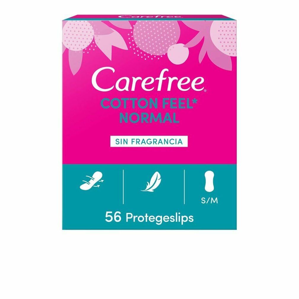 Verpackung von Carefree Cotton Protector. Rosa-weißes Design mit Produktnamen und Produktmerkmalen. 56 Protegeslips.