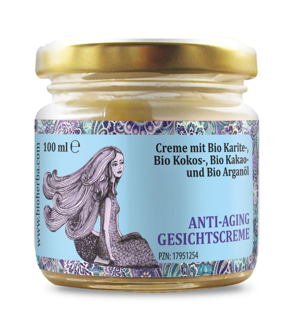 Glas mit goldfarbenem Deckel. Etikett mit Illustration einer Frau, Text: Anti-Aging Gesichtscreme, Bioherba, 100 ml.