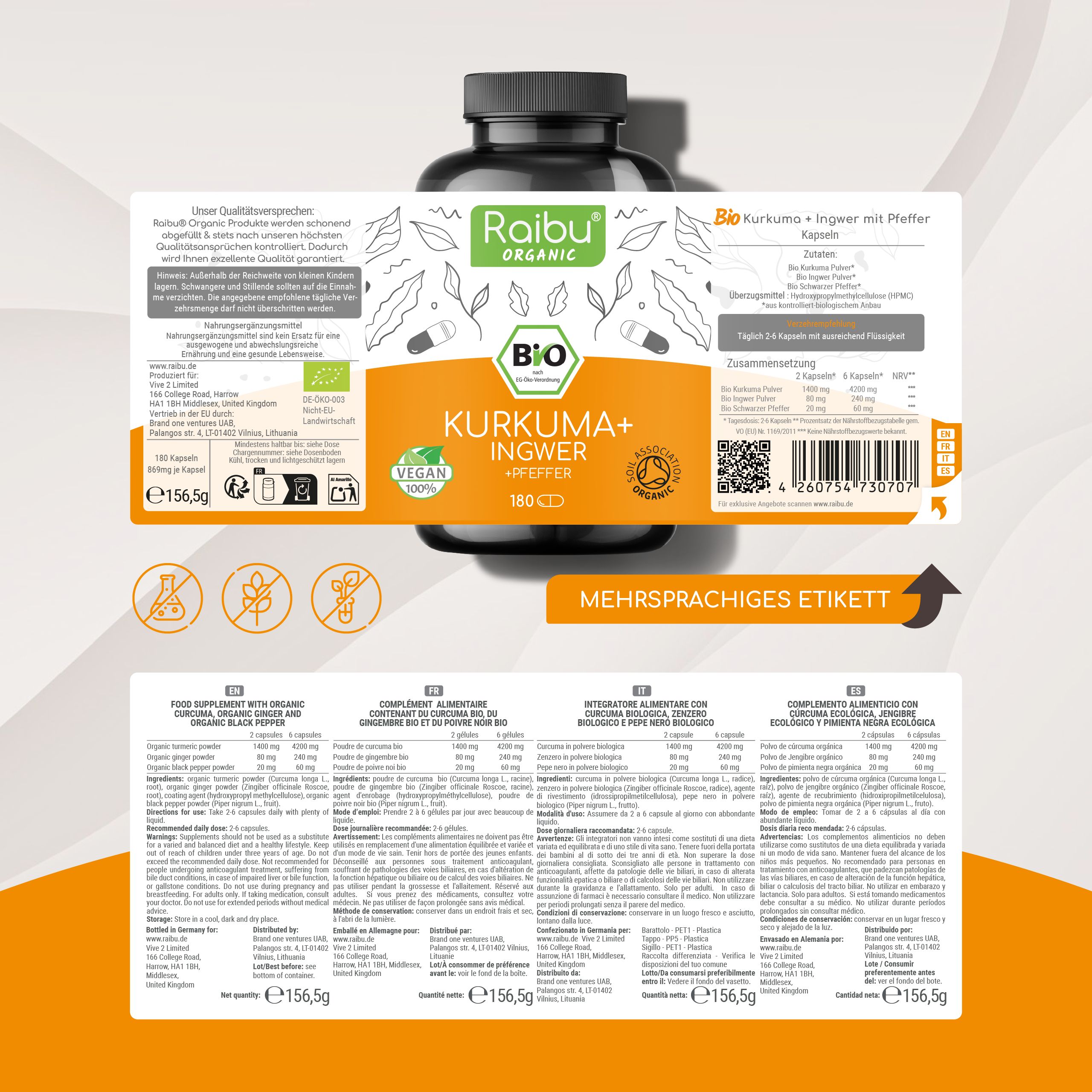 Produktetikett mit Text. Raibu Organic, Kurkuma+ Ingwer mit Pfeffer, 180 Kapseln. Mehrsprachiges Etikett.