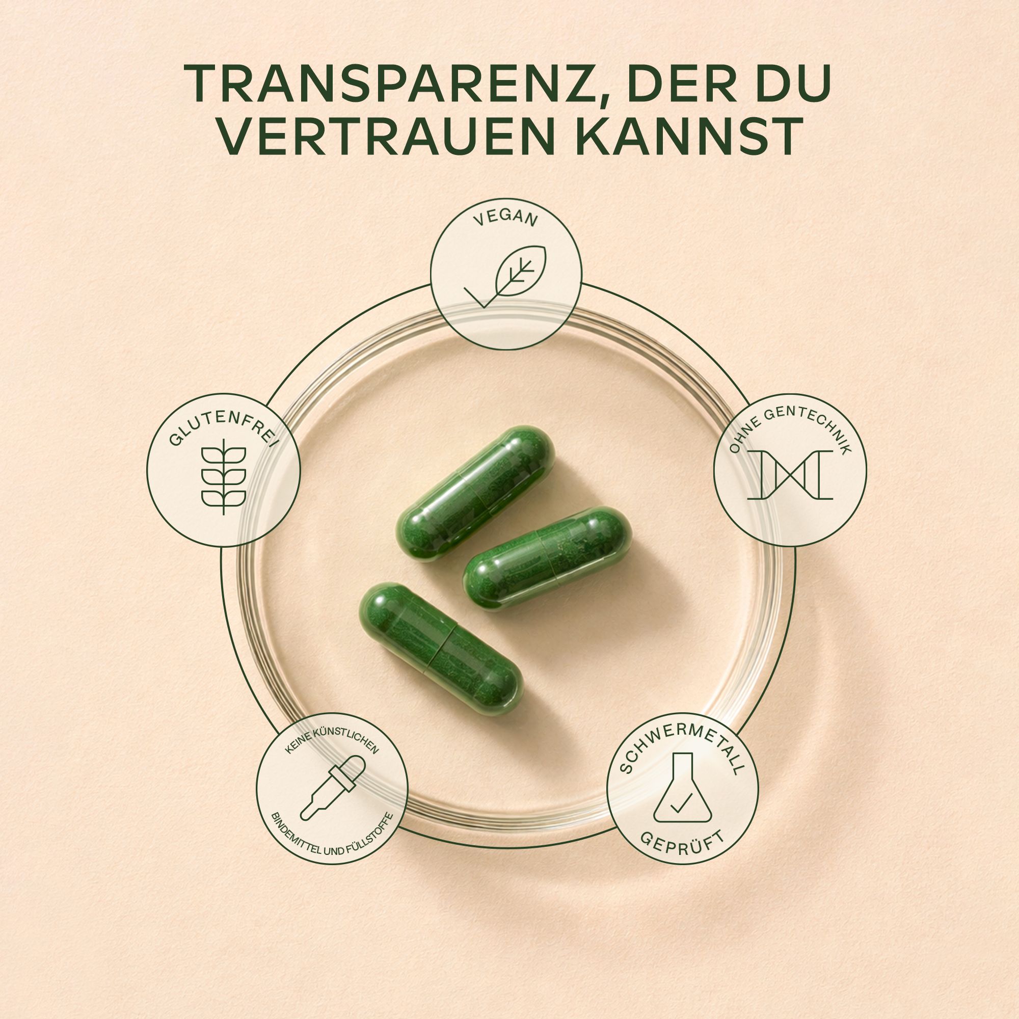 Drei grüne Kapseln, umgeben von Symbolen: Vegan, glutenfrei, ohne Gentechnik, geprüft, keine Konstrukte.