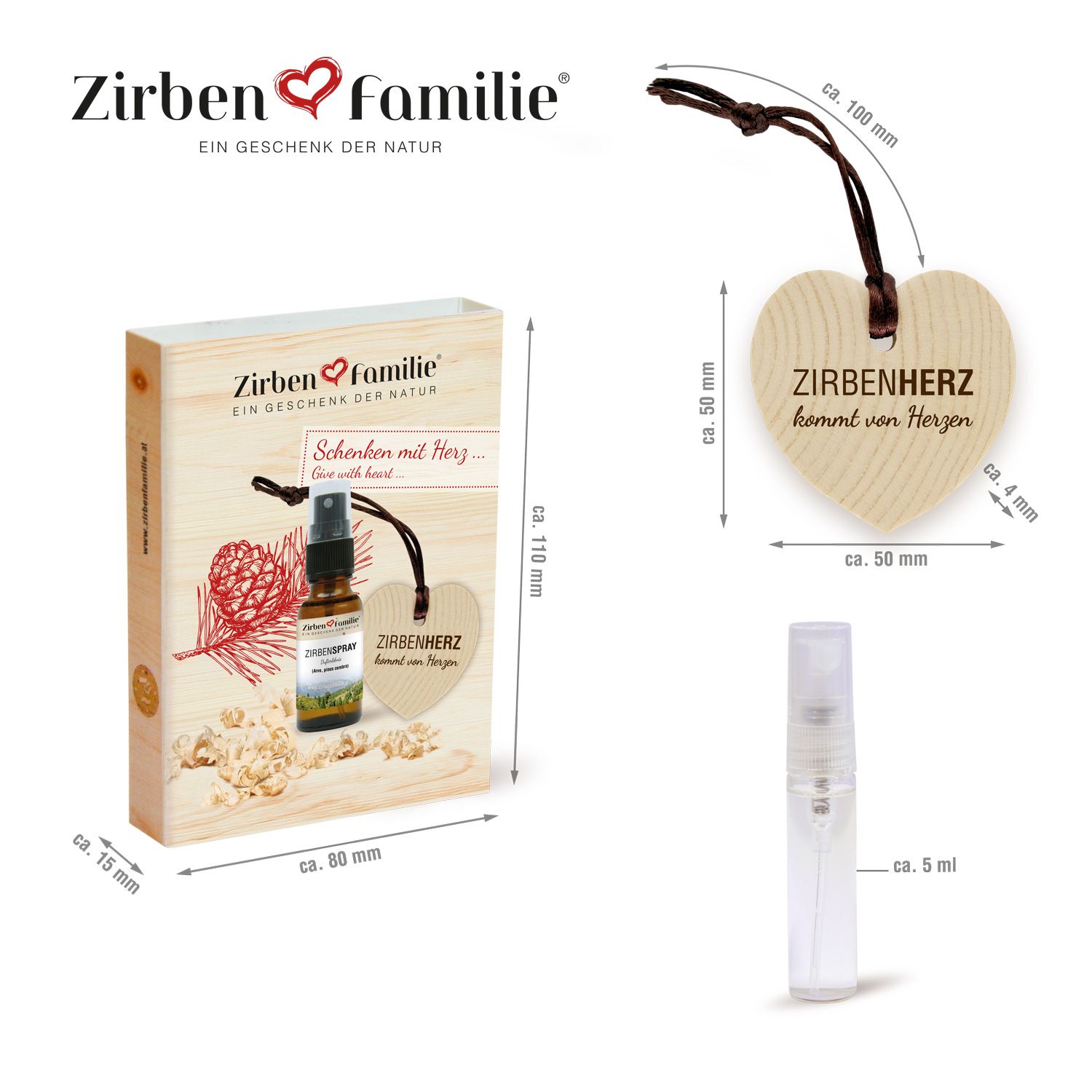 Geschenkbox mit Holzherz-Anhänger, Sprühflasche und Produktabbildung. Maße: ca. 110x80x15mm. ZirbenHerz-Set.