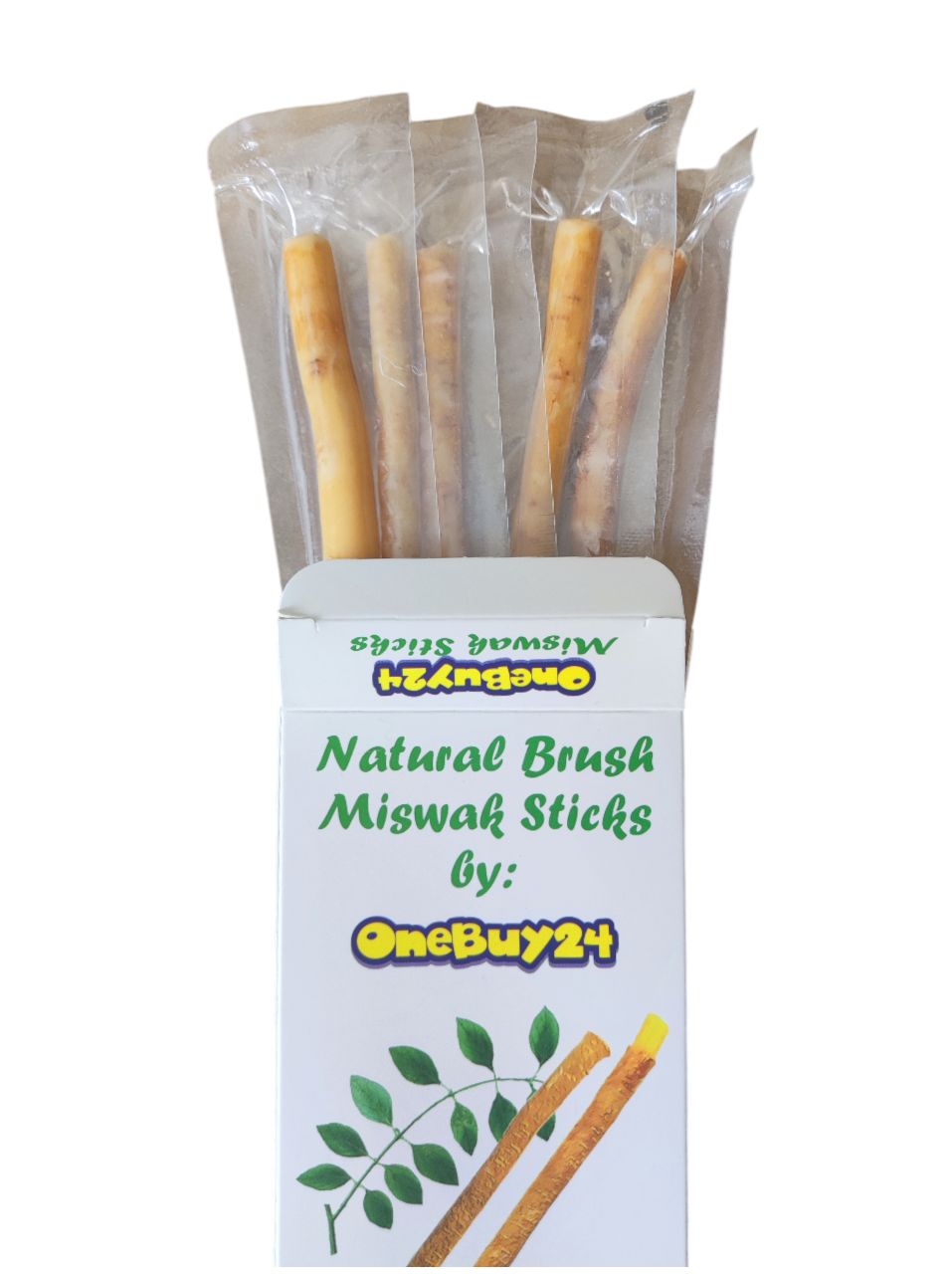 Verpackung mit Miswak-Sticks. Aufschrift: Natural Brush Miswak Sticks by OneBuy24. Mehrere Sticks in Folie verpackt.
