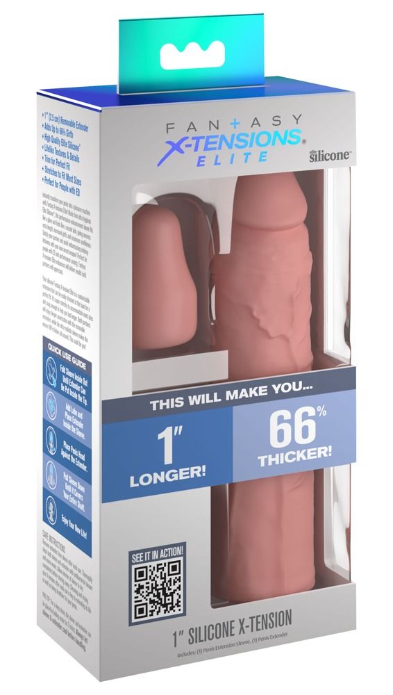 Verpackung mit einem Fleshlight-Produkt und einem Extender. Text: "Fantasy X-Tensions Elite". Enthält 1" Länger und 66% dicker.