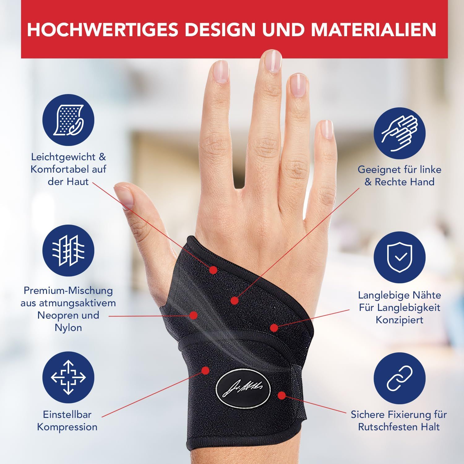 Hochwertige Handgelenkbandage aus Neopren und Nylon.