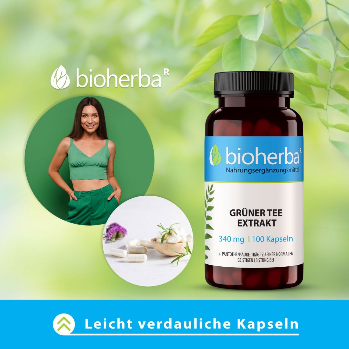 Braune Flasche mit Kapseln. Aufschrift: Grüner Tee Extrakt, 340 mg, 100 Kapseln. Frau im grünen Outfit. Bioherba-Logo.