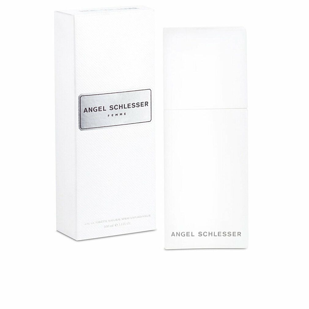 Weißes Eau de Toilette Spray und Verpackung. Aufschrift: Angel Schlesser Femme.