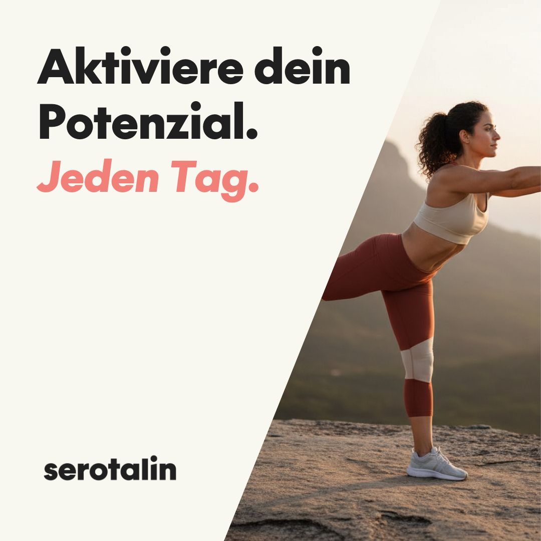 Frau in sportlicher Pose mit Text "Aktiviere dein Potenzial. Jeden Tag." und Logo.