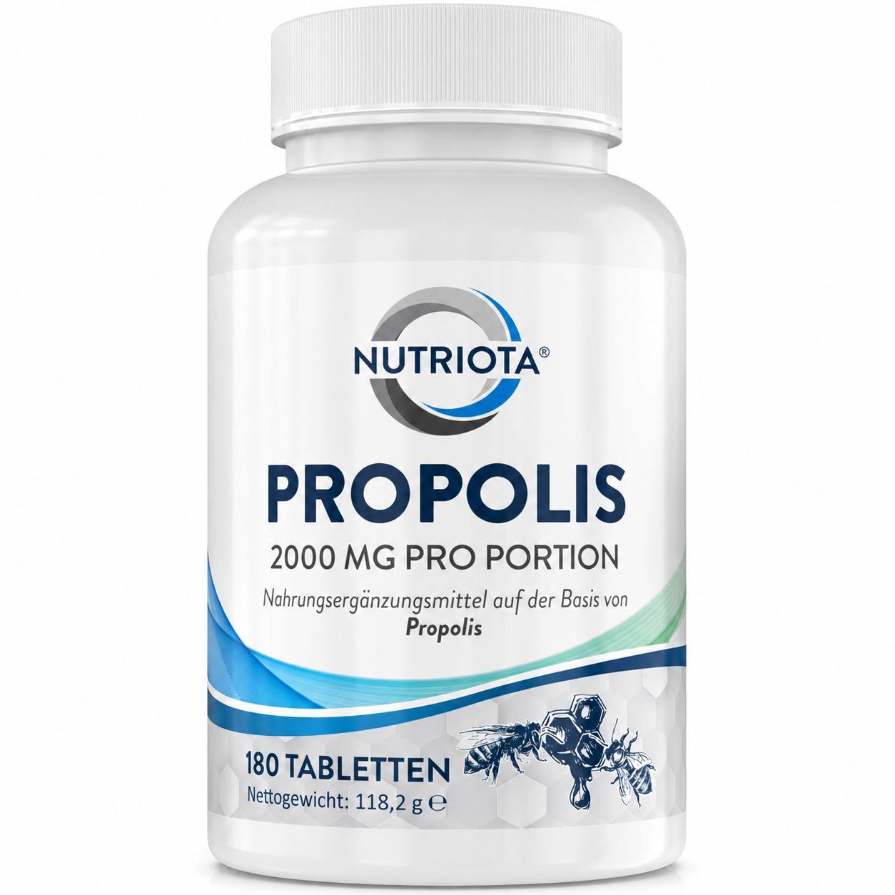 Flasche mit Propolis Nahrungsergänzungsmittel von Nutiota, 180 Tabletten.