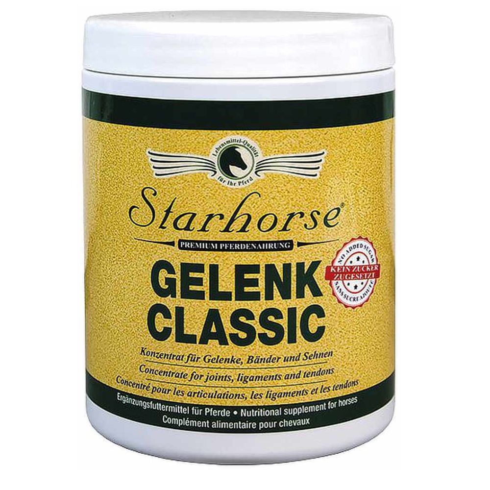 Weißer Behälter mit gelbem Etikett. Aufschrift: Starhorse Gelenk Classic. Konzentrat für Gelenke, Bänder und Sehnen.