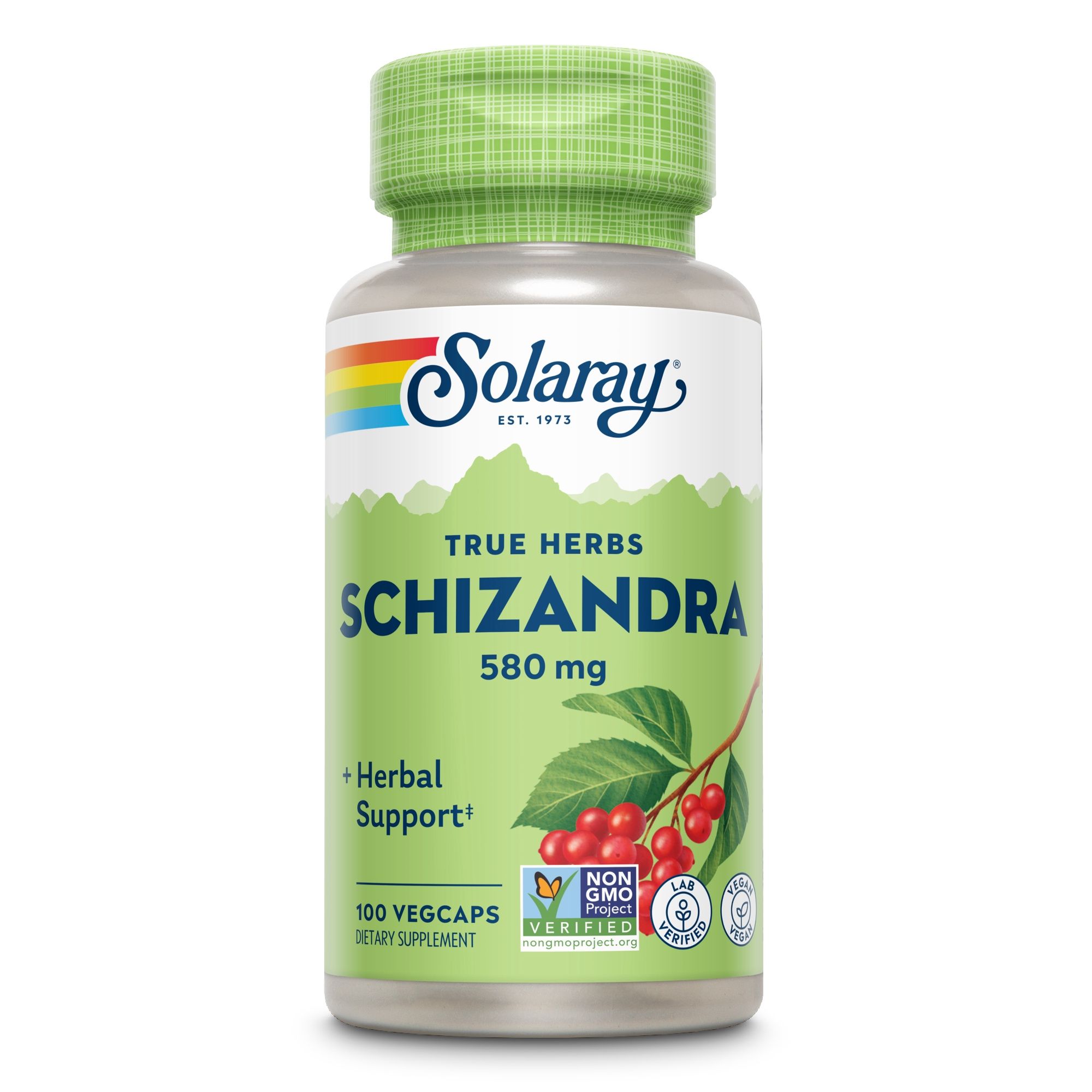 Solaray Schizandrabeeren 580 mg. Grüne Kapsel-Dose mit weißem Etikett. Aufschrift: Schizandra, 580 mg, 100 Vegcaps. Kräuter-Unterstützung.