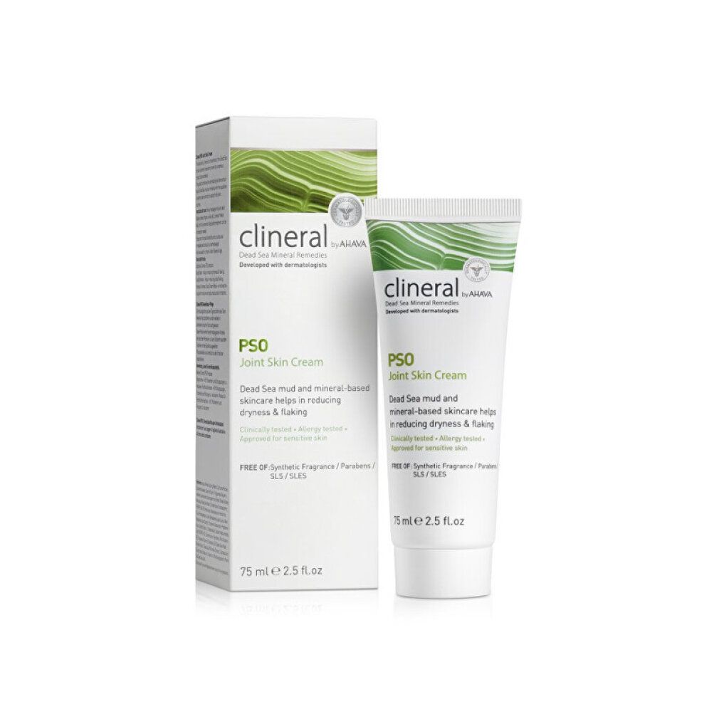 Produktverpackung und Tube Clineral PSO Joint Skin Cream. Verpackung weiß mit grünem Design. Tube: 75 ml.