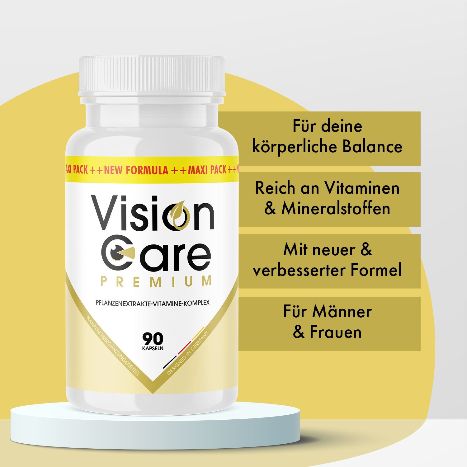Vision Care Premium-Kapseln auf einem Podest. Textfelder: Für deine körperliche Balance, Reich an Vitaminen & Mineralstoffen, Mit neuer & verbesserter Formel.
