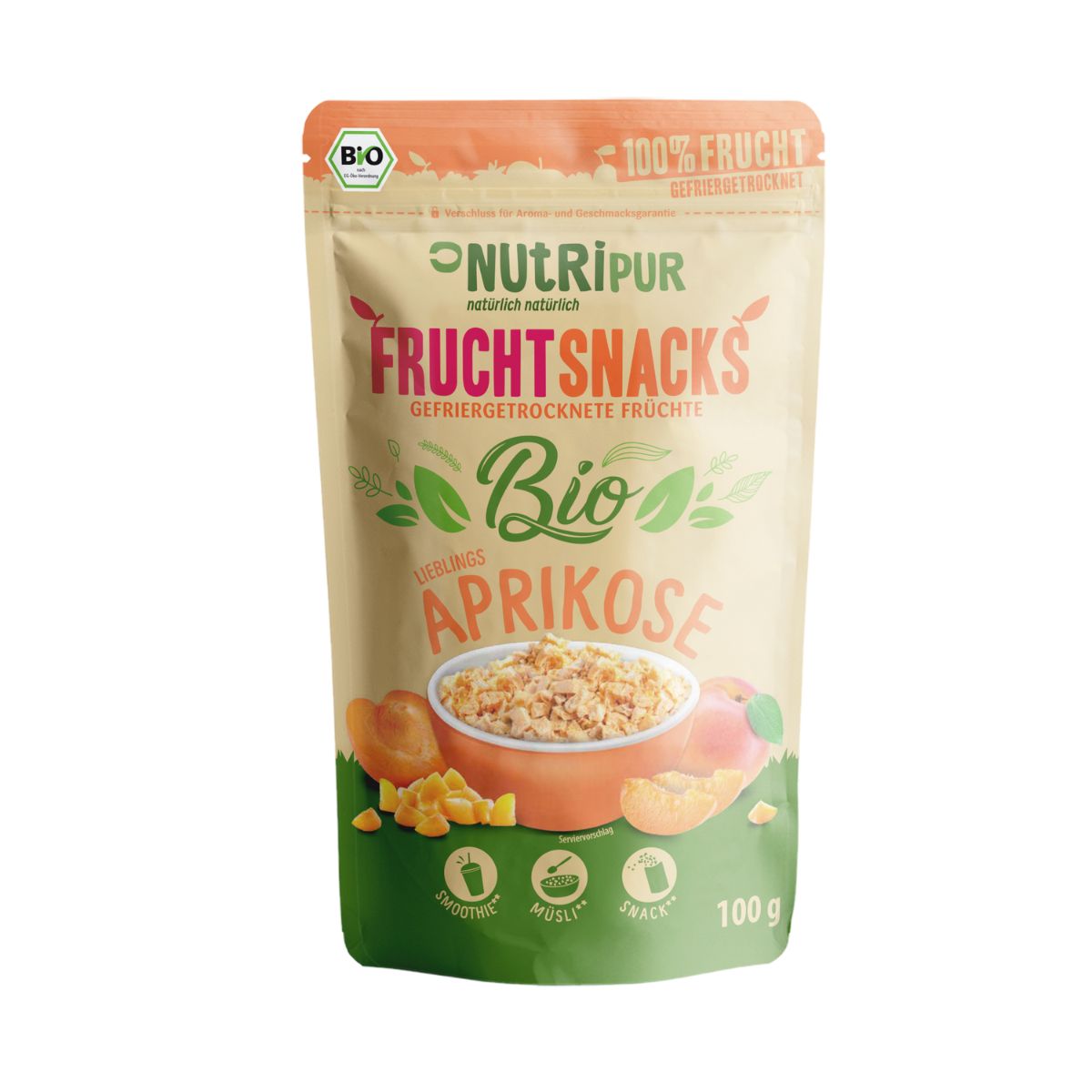 Beutel mit gefriergetrockneten Bio-Aprikosen. Aufschrift: NutriPur, Frucht Snacks, Bio, Aprikose, 100% Frucht, 100 g.