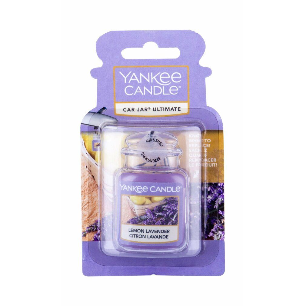 Yankee Candle Car Jar, Lemon Lavender Duft. Violettes Glas im Karton. "CAR JAR" und "Lemon Lavender" Text.