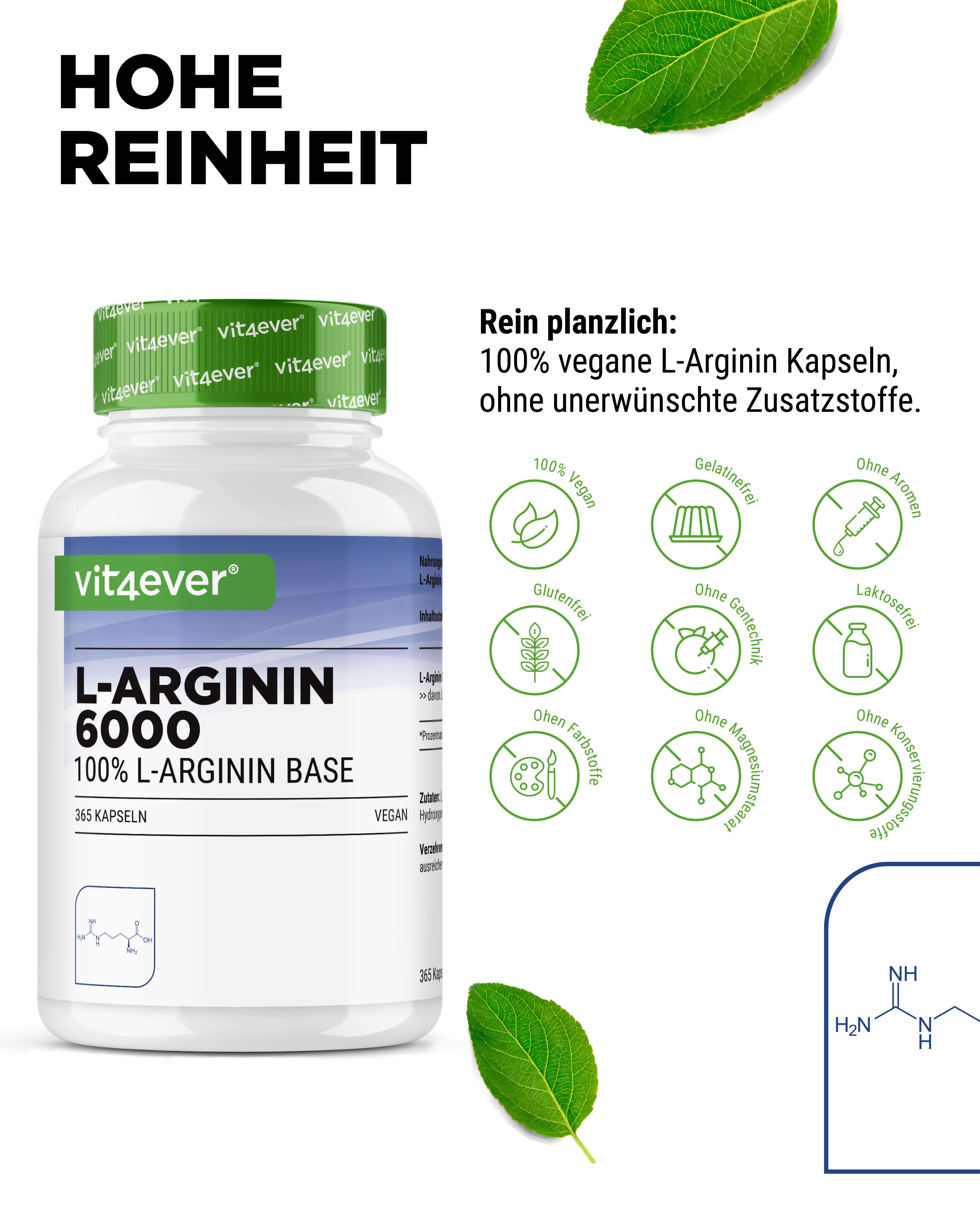 Flasche mit vit4ever L-Arginin 6000. Text: Hohe Reinheit. 100% vegane L-Arginin Kapseln. Symbole: vegan, glutenfrei, ohne Aroma.