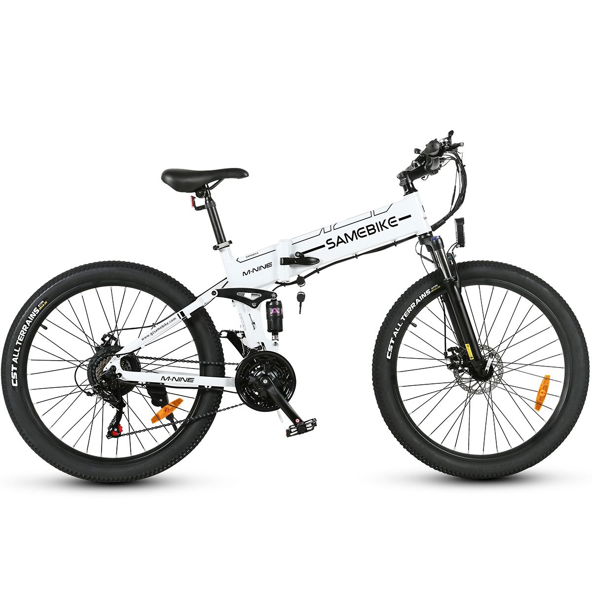 Faltbares Elektrofahrrad, weiß, schwarz. Marke SAMEBIKE. Große Reifen, Scheibenbremsen. Details: Sattel, Lenker, Pedale.