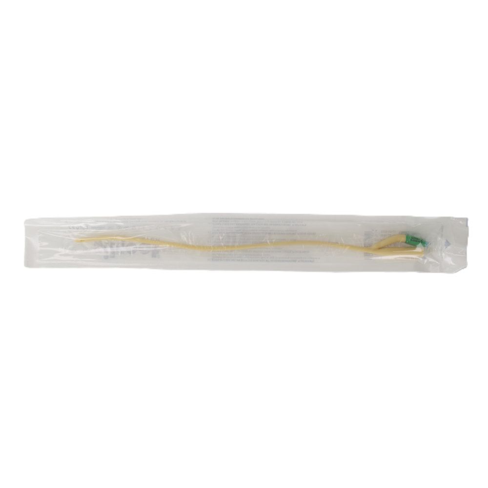 Katheter in steriler Verpackung. Gelber Katheter mit grünem Konnektor. Transparente Verpackung.