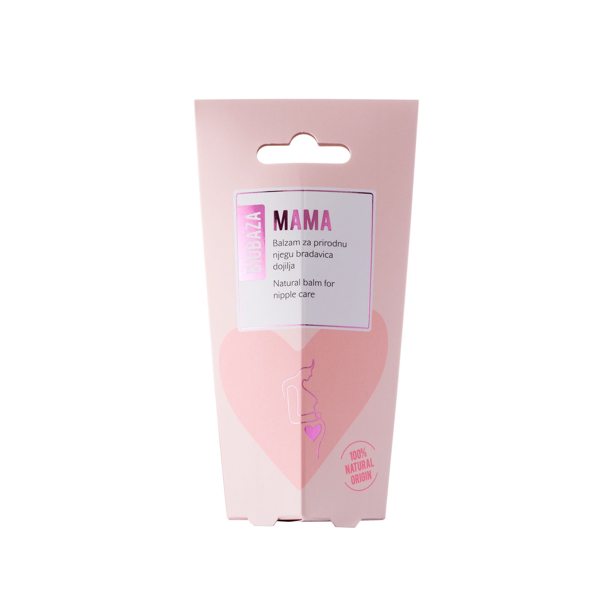 Rosa Verpackung mit Produktnamen Mama und Herz-Design. Text: Balsam für Brustwarzenpflege.