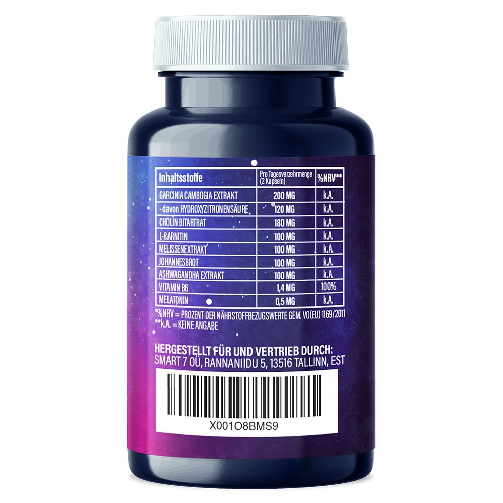Rückseite einer Dose mit detaillierter Nährwerttabelle und Herstellerangaben für Enolenia Keto Night.