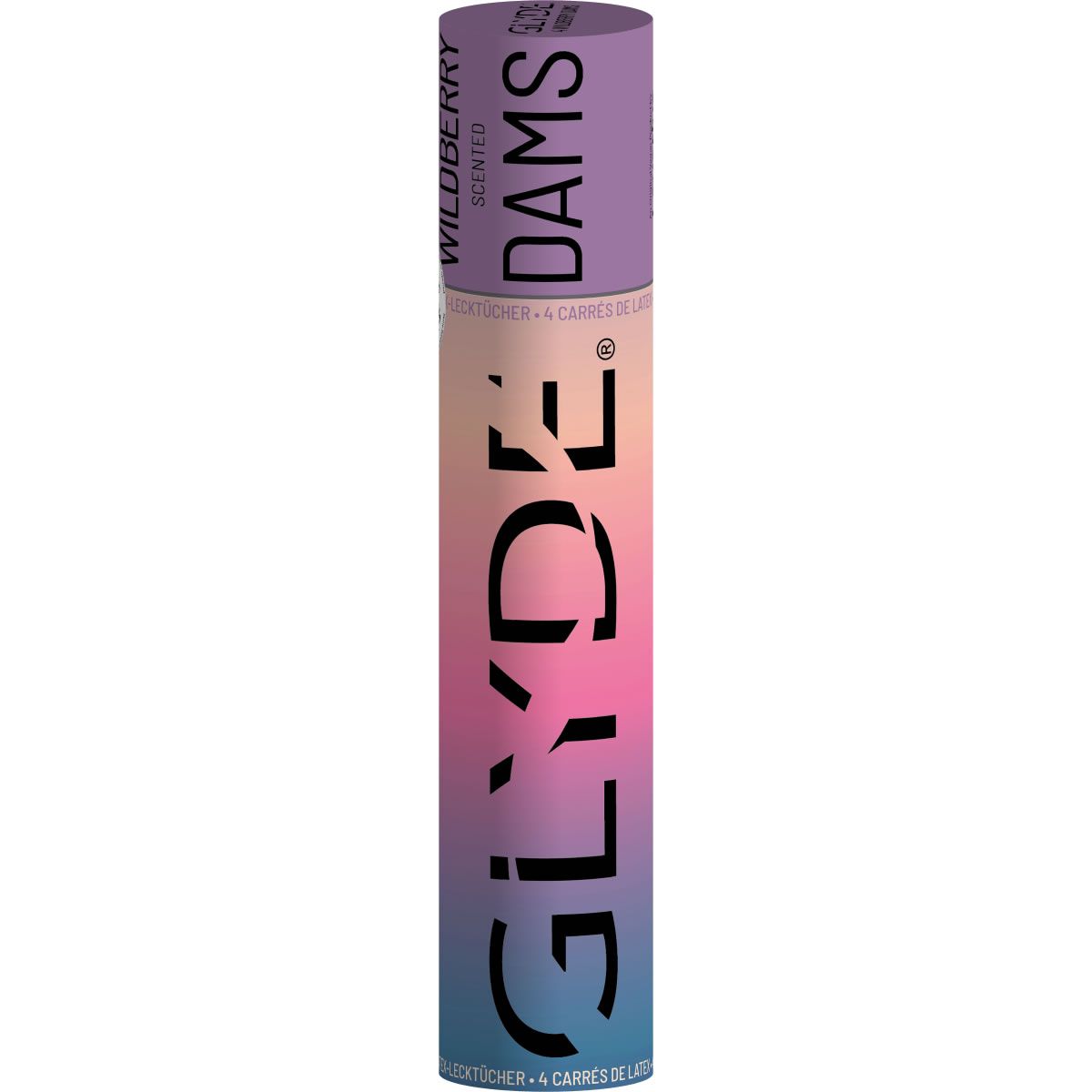 Zylindrische Verpackung mit der Aufschrift "GLYDE DAMS". Oben steht "WILDBERRY Scented". Farbverlauf von Blau nach Pink.