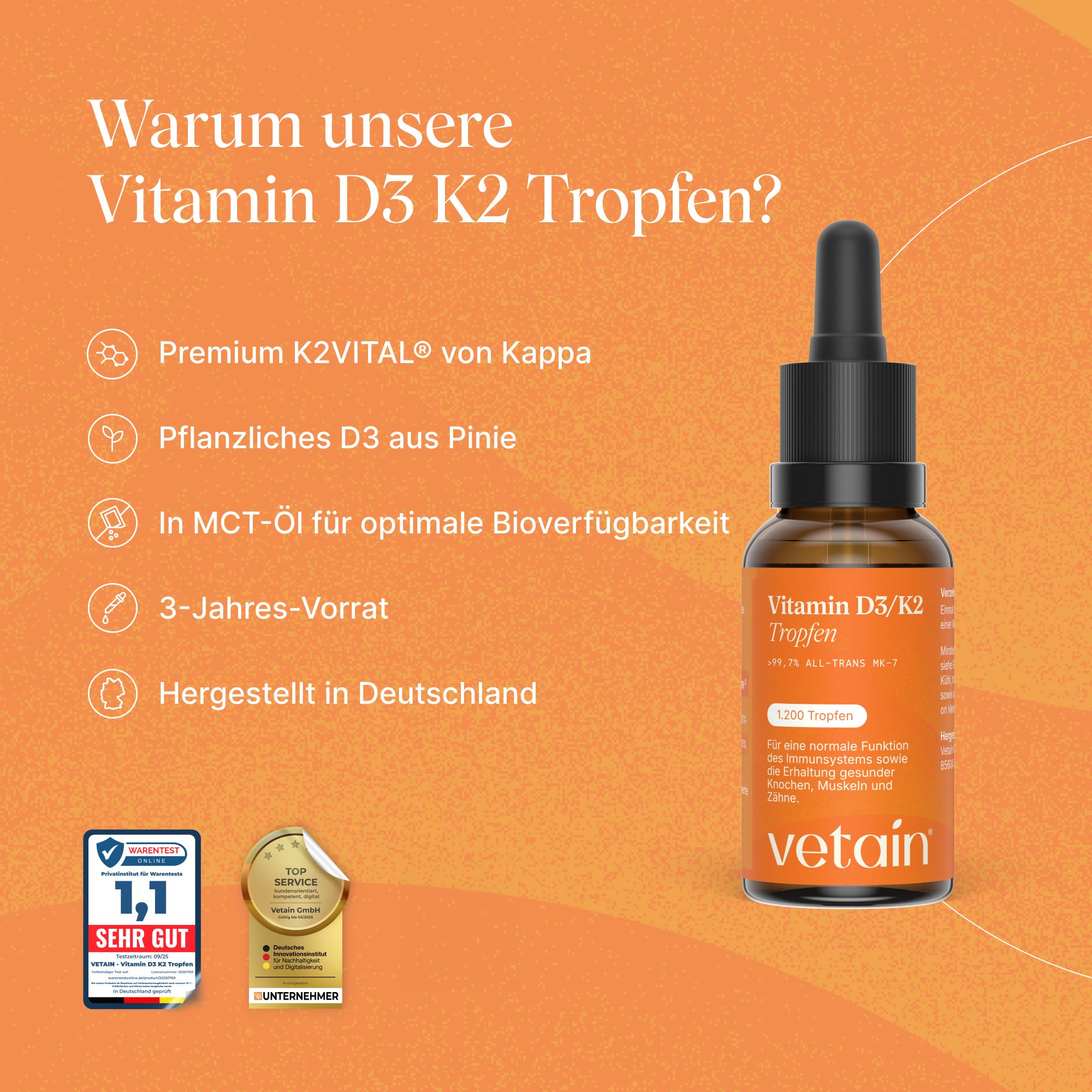 Vetain Vitamin D3 K2 Tropfen Flasche mit Pipette, neben Vorteilen und Qualitätssiegeln.