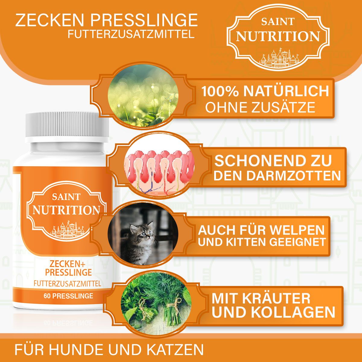 Flasche mit orangefarbenem Etikett, umgeben von Werbeelementen. Text: SAINT NUTRITION, ZECKEN+ PRESSLINGE, 100% natürlich, für Hunde und Katzen.