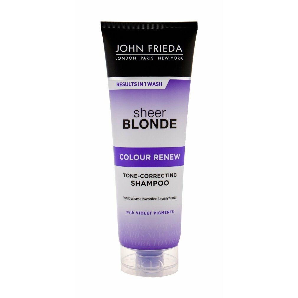 Violett-Shampoo-Tube. Schwarzer Deckel, weißer Schriftzug: John Frieda. Violett-weißes Etikett: sheer blonde, Colour Renew.