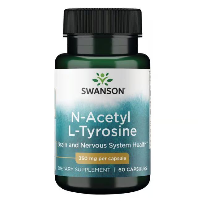 Grüne Flasche mit Kapseln. Aufschrift: SWANSON, N-Acetyl L-Tyrosin, 350 mg pro Kapsel. 60 Kapseln.