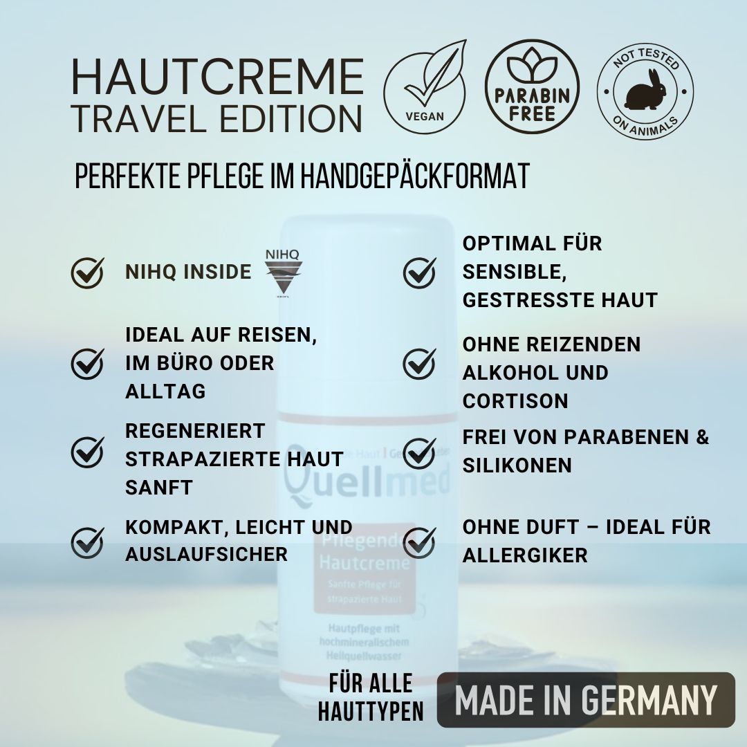 Creme-Flasche mit Text: Hautcreme Travel Edition, Vegan, Paraben Free, Nicht an Tieren getestet, Made in Germany.