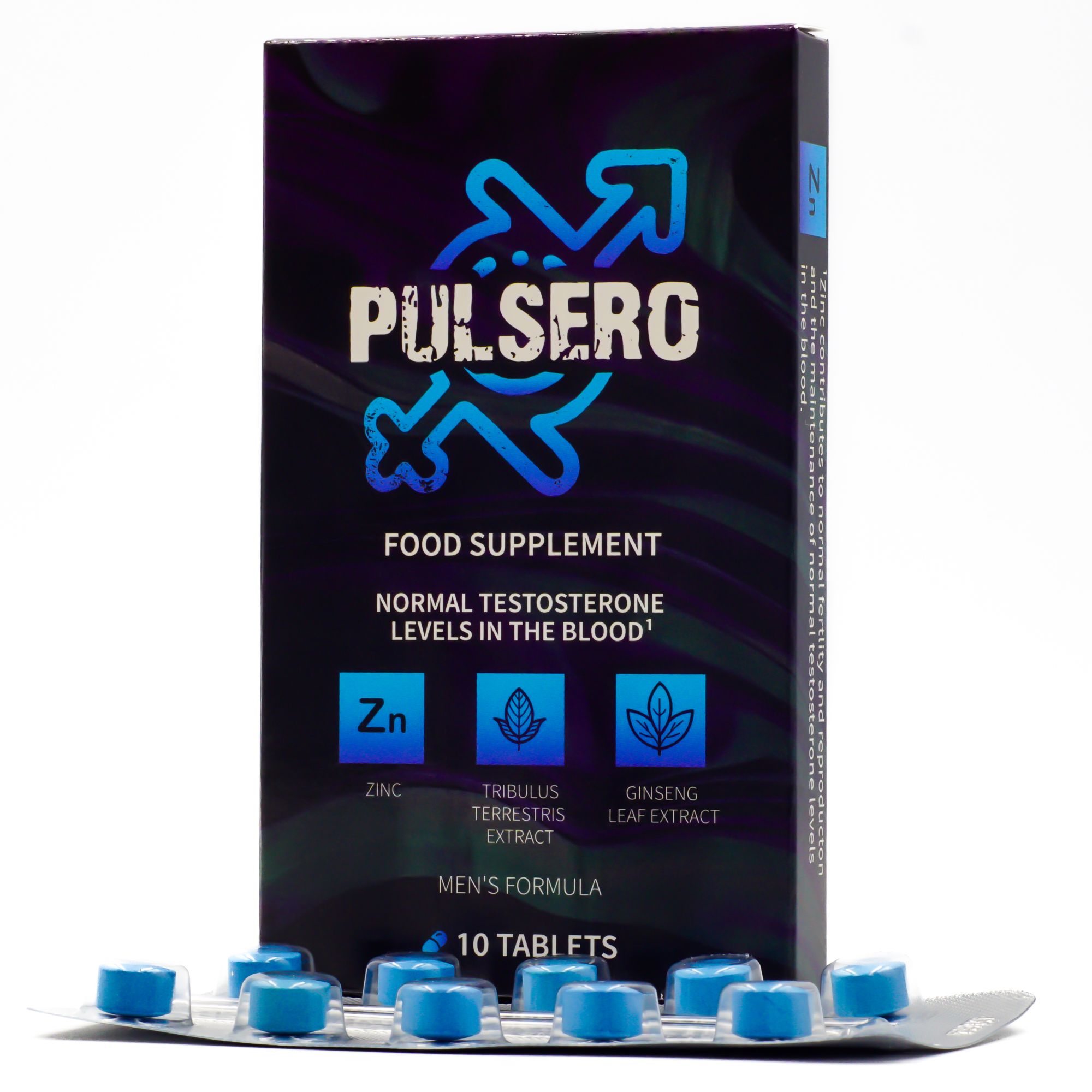 Schachtel mit blauen Tabletten. Aufschrift: PULSERO, Nahrungsergänzungsmittel, Men's Formula. 10 Tabletten.