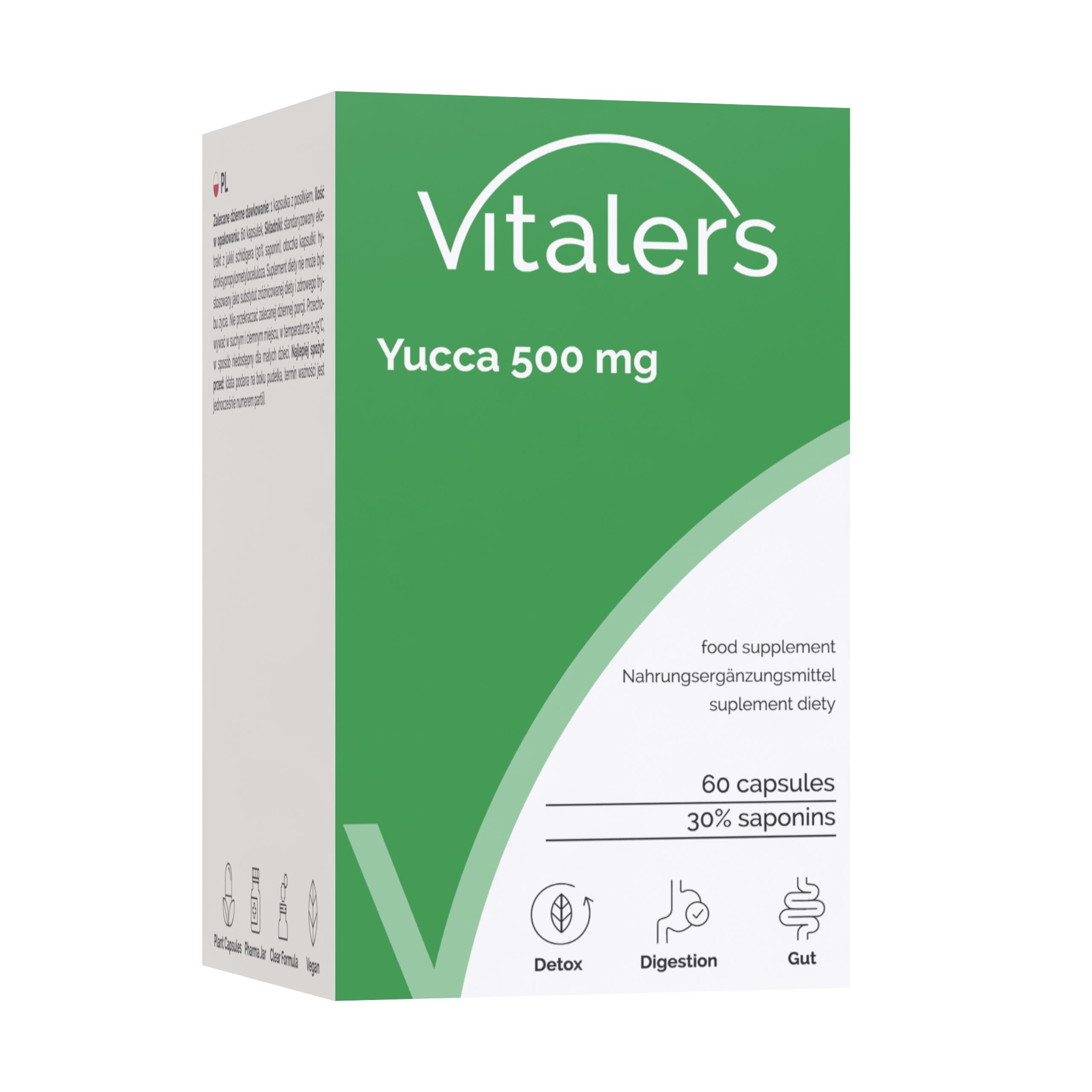 Vitaler's Yucca 500 mg Verpackung. Enthält 60 Kapseln für Darm und Verdauung.