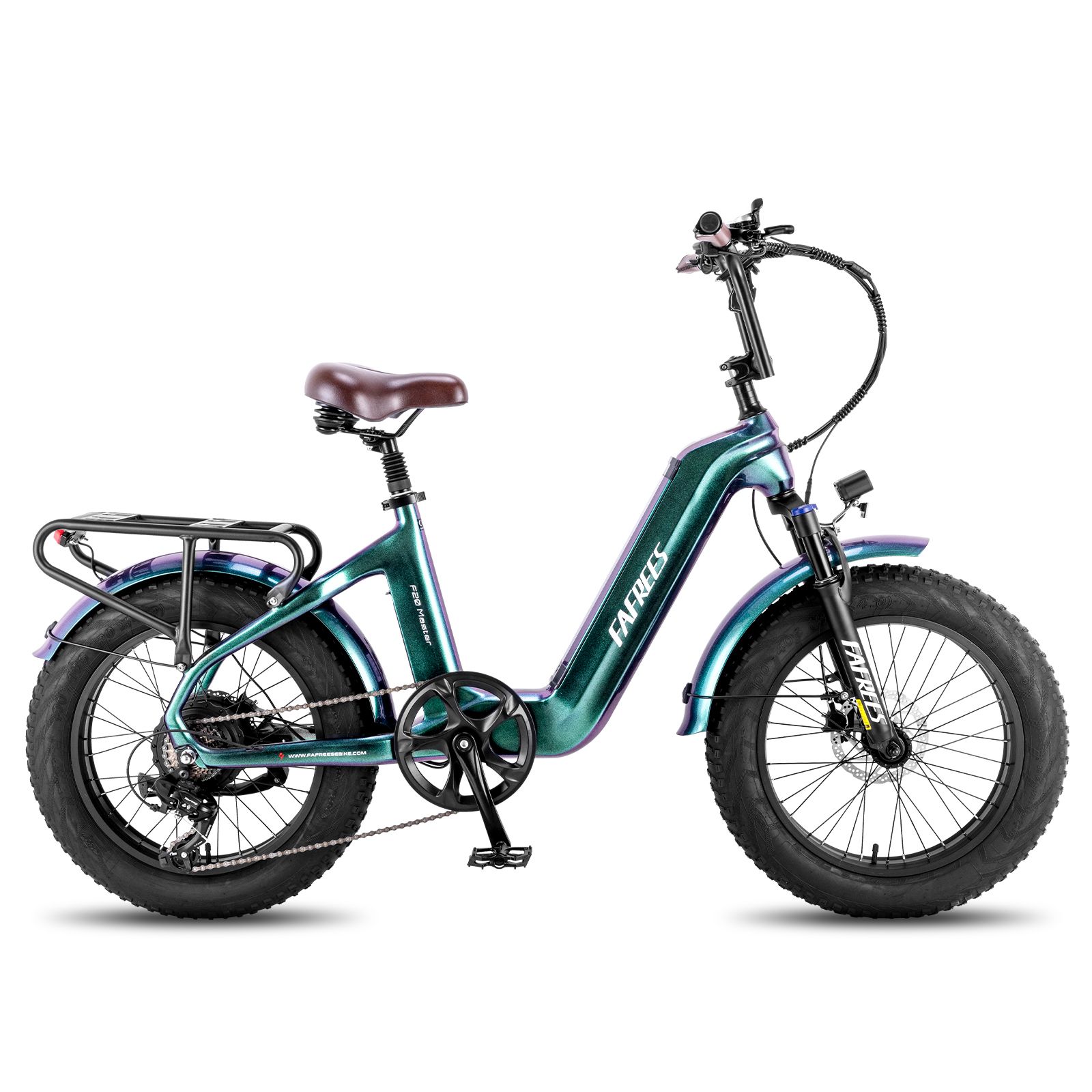 Fafrees F20 Master E-Bike. Grün-blau lackiert, breite Reifen, Gepäckträger, brauner Sattel. Fafrees-Logo sichtbar.