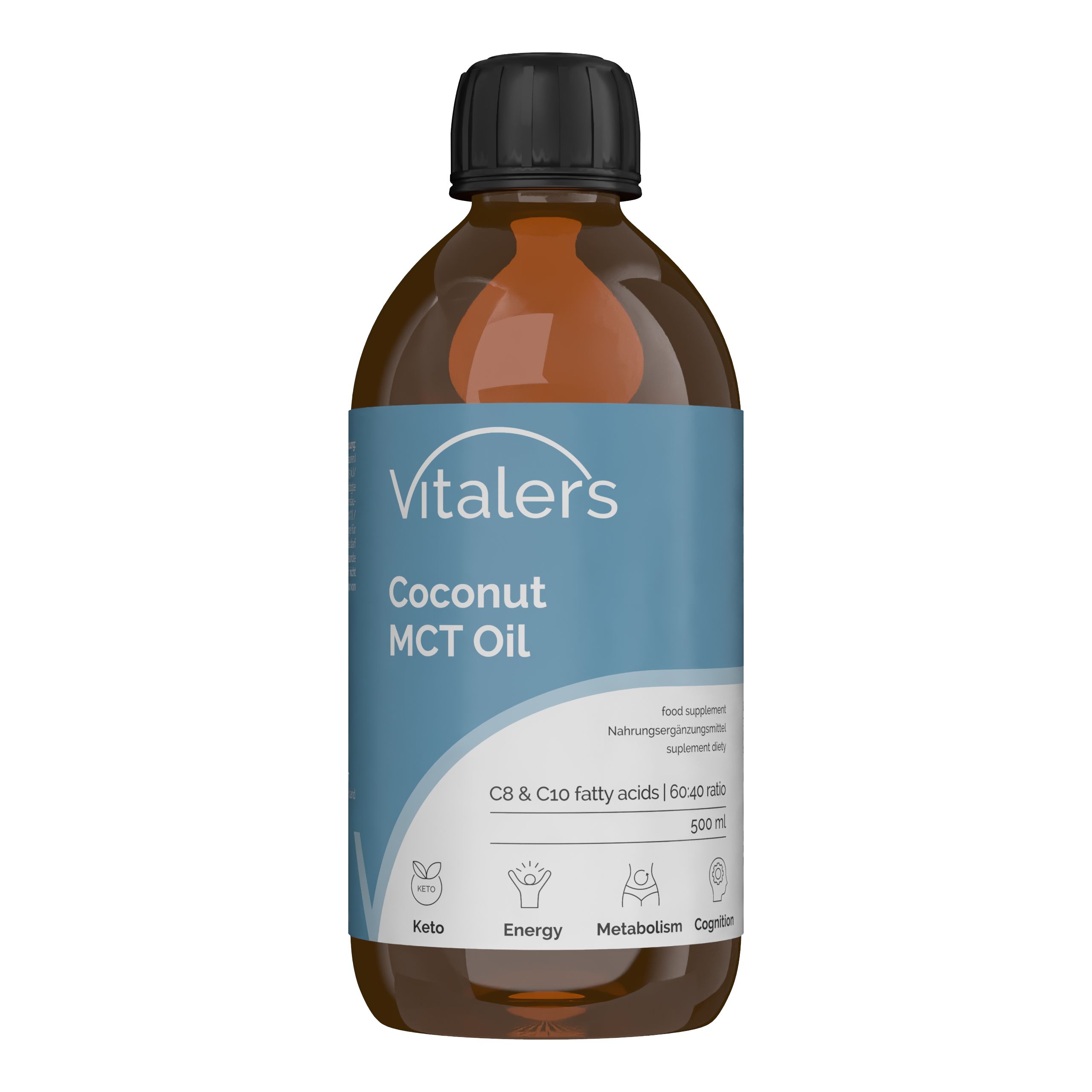 Braune Glasflasche mit schwarzem Deckel, gefüllt mit Vitaler's Kokos MCT Öl. Etikett mit Produktinformationen.