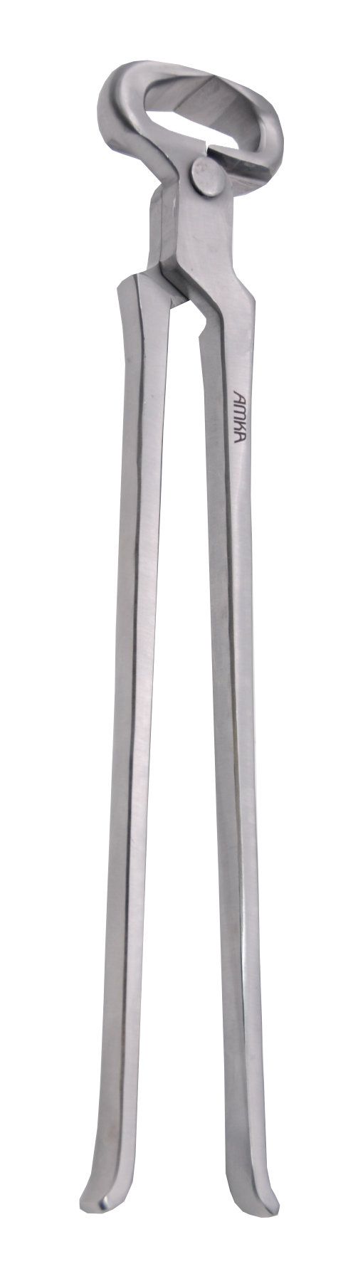 Zange aus Metall, mit AMKA-Logo. Für Hufeisen. Längliche Griffe, gebogene Enden.