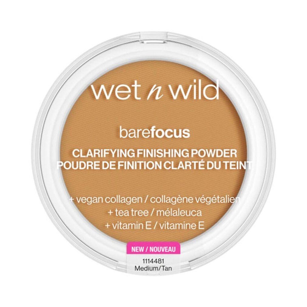 Runder, transparenter Behälter mit beigefarbenem Puder. Aufschrift: Wet n Wild, barefocus, Clarifying Finishing Powder. Etikett: Medium/Tan.