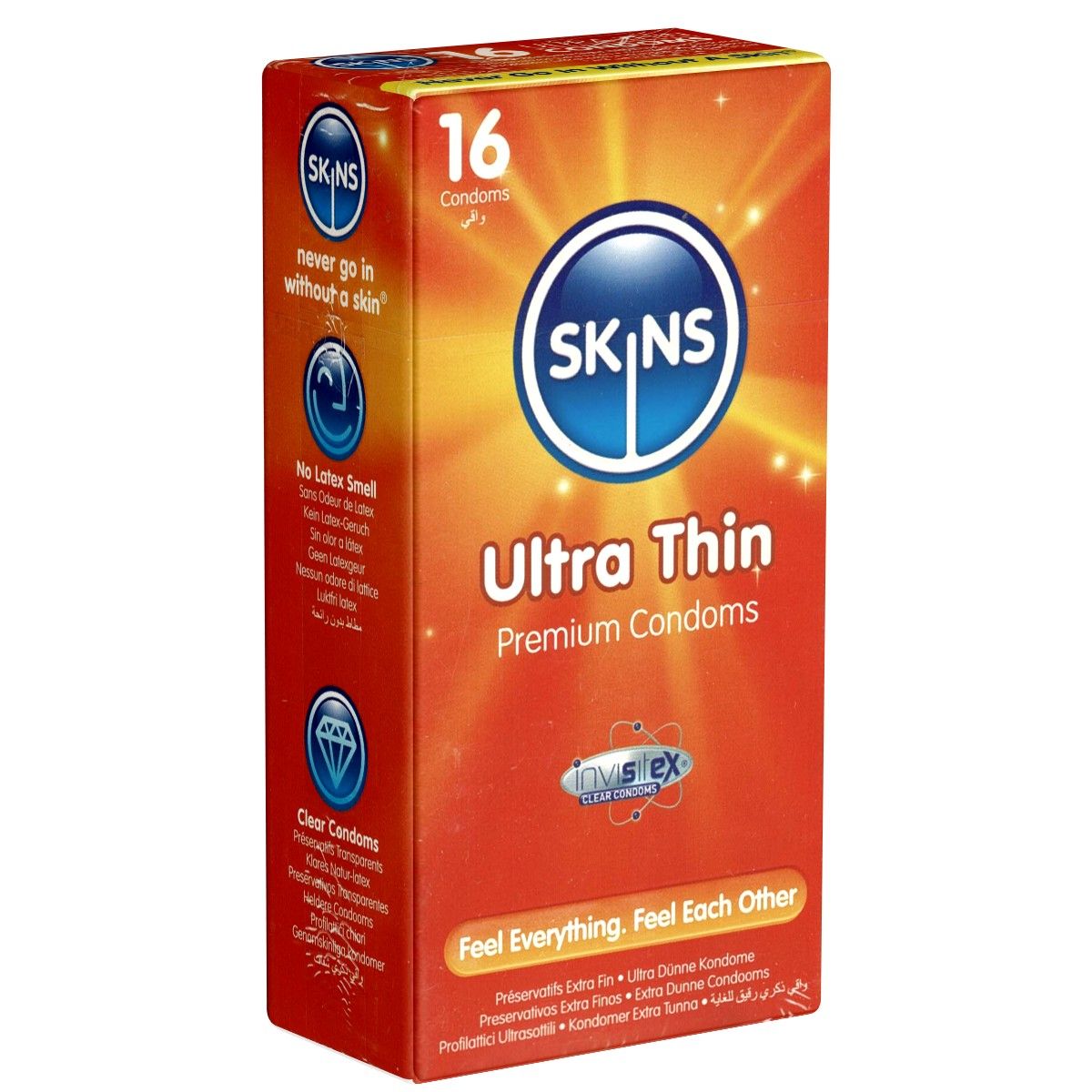 Verpackung von SKINS Ultra Thin Kondomen. Enthält 16 Kondome. Rote Verpackung mit Produktnamen und Logo.