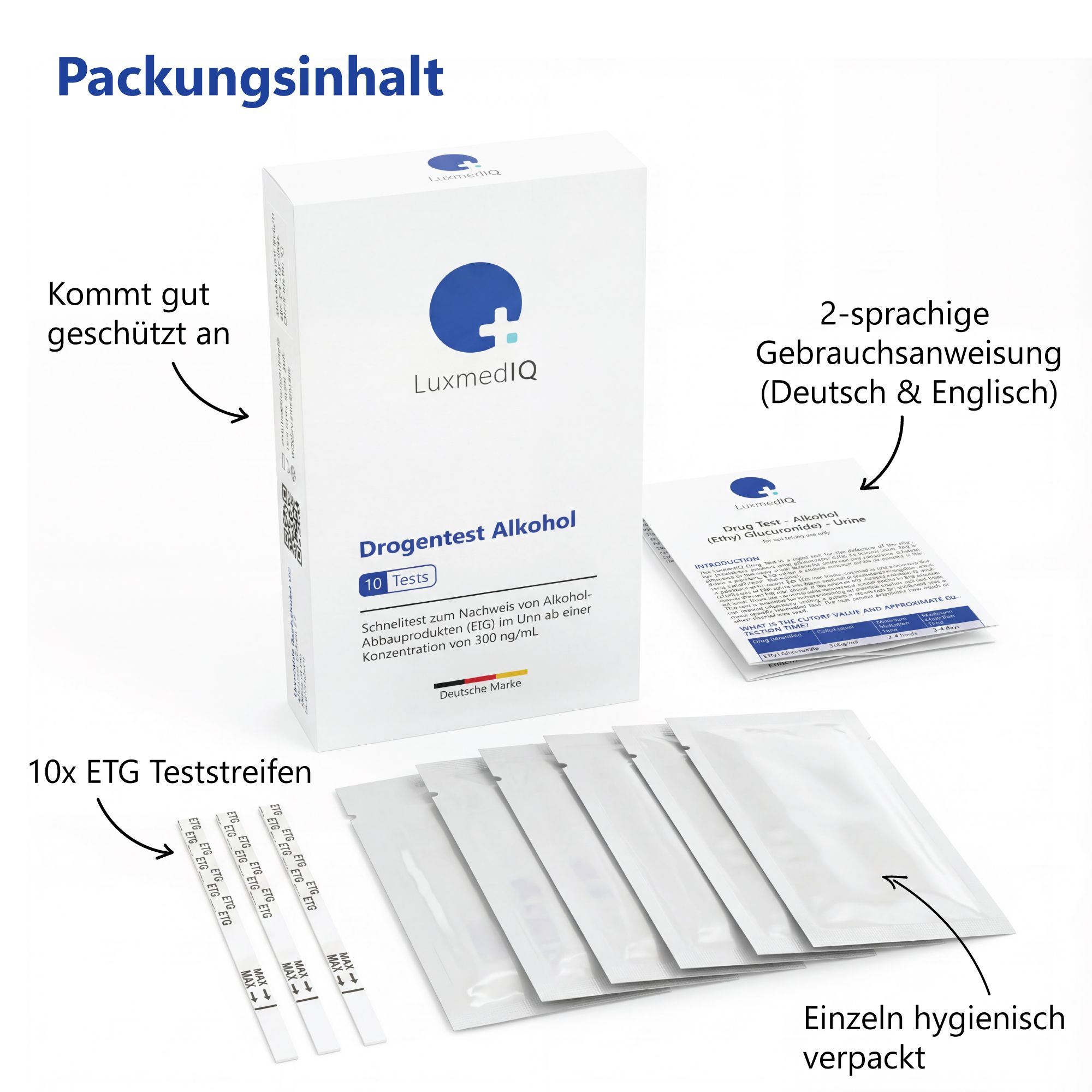 Packungsinhalt: Box, Teststreifen, Gebrauchsanweisung. Einzeln verpackte Teststreifen. Produktname und Details auf der Box.