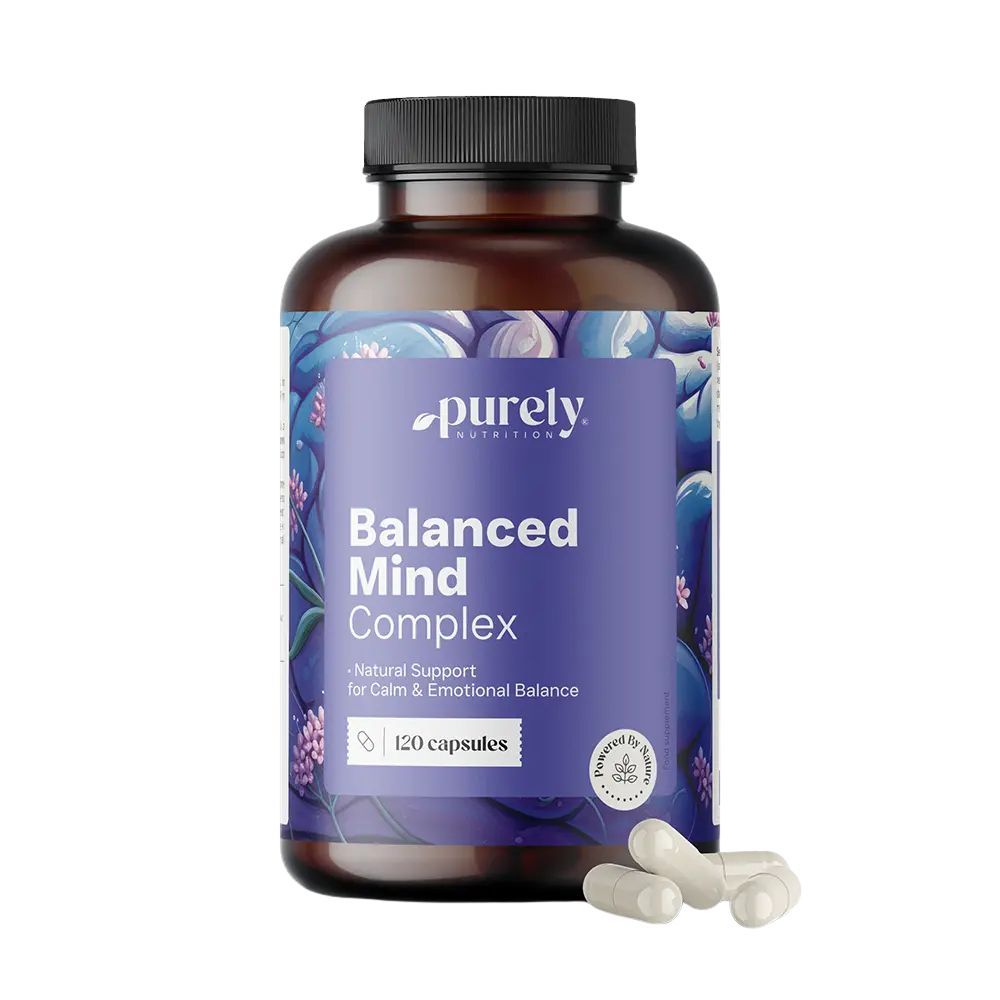 Braune Flasche mit lila Etikett. Aufschrift: Balanced Mind Complex. 120 Kapseln. Einige Kapseln liegen daneben.