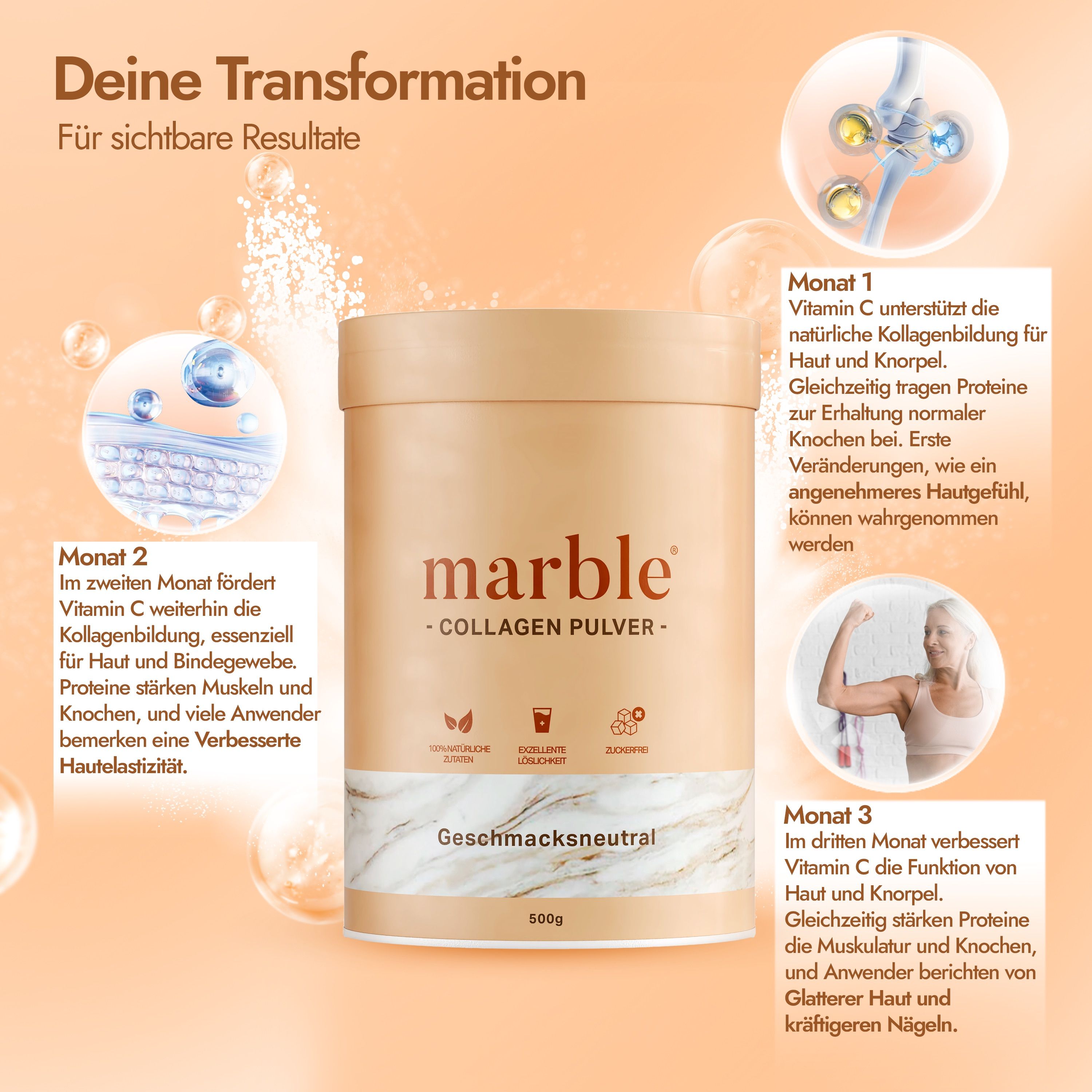 Dose "marble" und "Collagen Pulver". Text: "Geschmacksneutral" und 500g. Grafiken zeigen Ergebnisse nach Monaten.